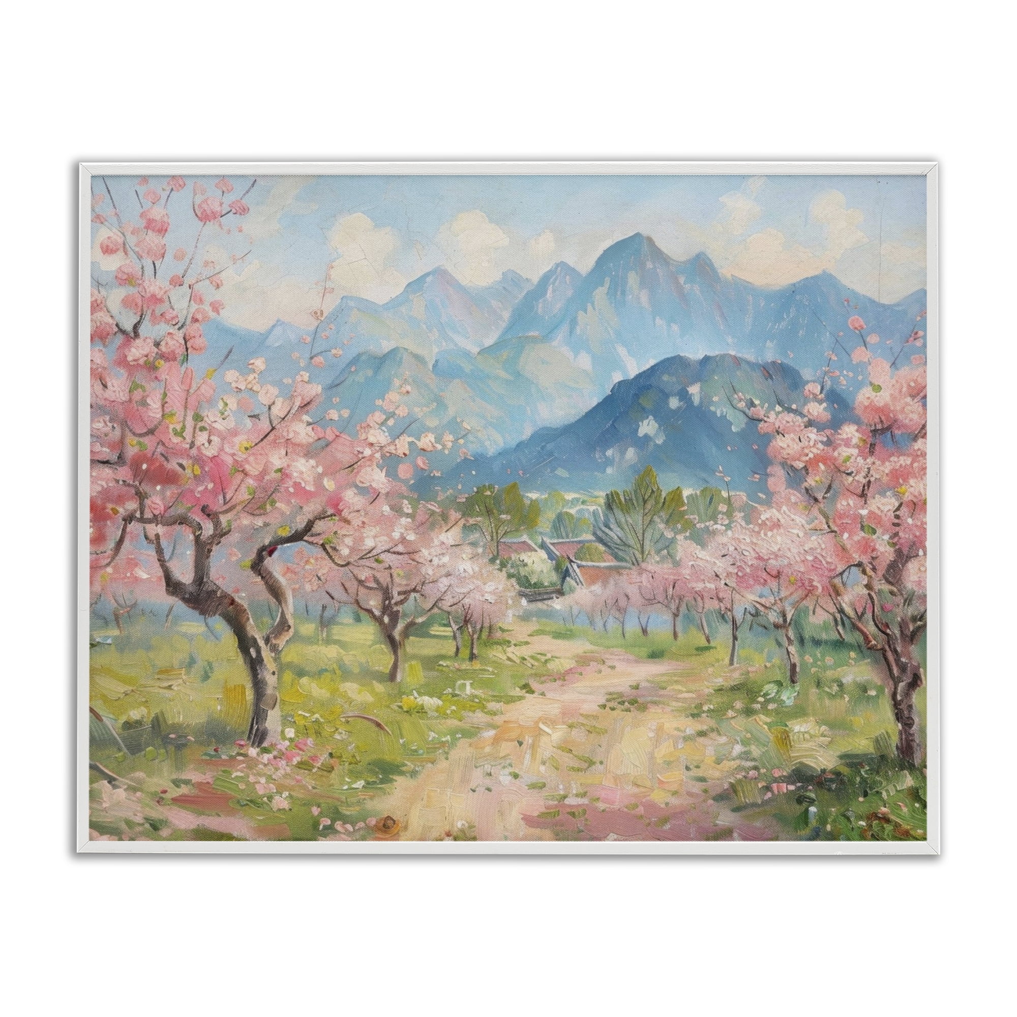 Stupell Industries Cherry Blossom Mountains Landscape & Nature Painting White Framed Art Print Wall Art, 14 x 11