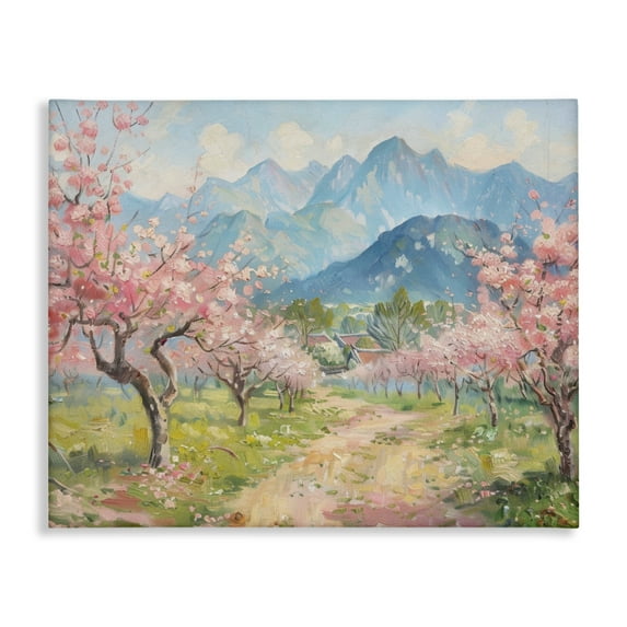 Stupell Industries Cherry Blossom Mountains Landscape & Nature Painting Wrapped Canvas Art Print Wall Art, 40 x 30