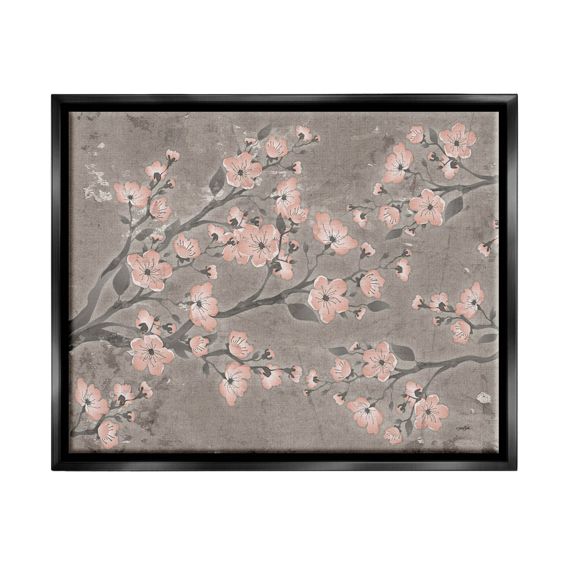 Stupell Industries Cherry Blossom Pattern Composition Graphic Art Jet Black Floating Framed Canvas Print Wall Art, Design by Diane Stimson