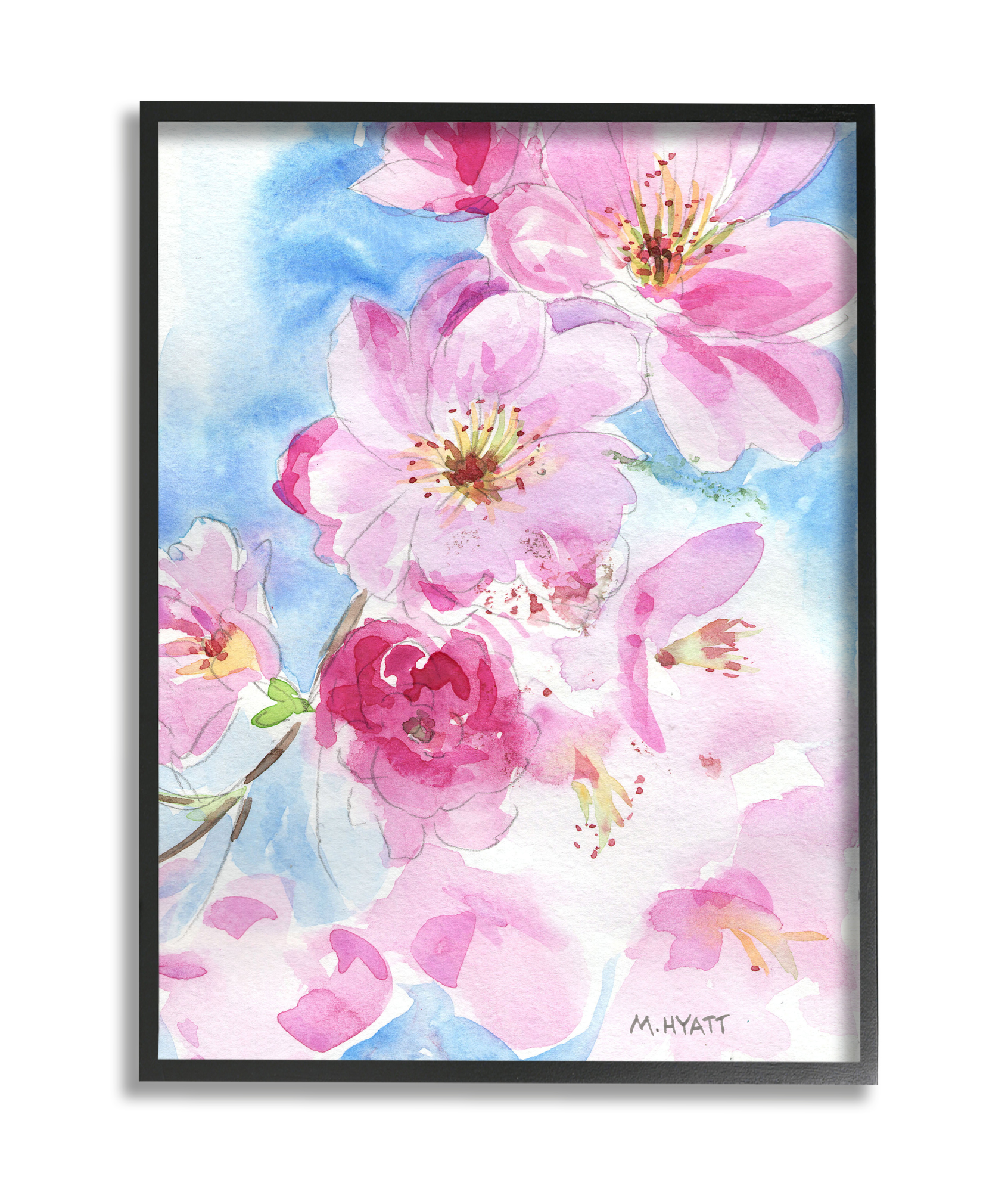 Stupell Industries Cherry Blossom Pink Florals Blooming over Blue Black Framed, 24 x 30, Design by Melissa Hyatt LLC