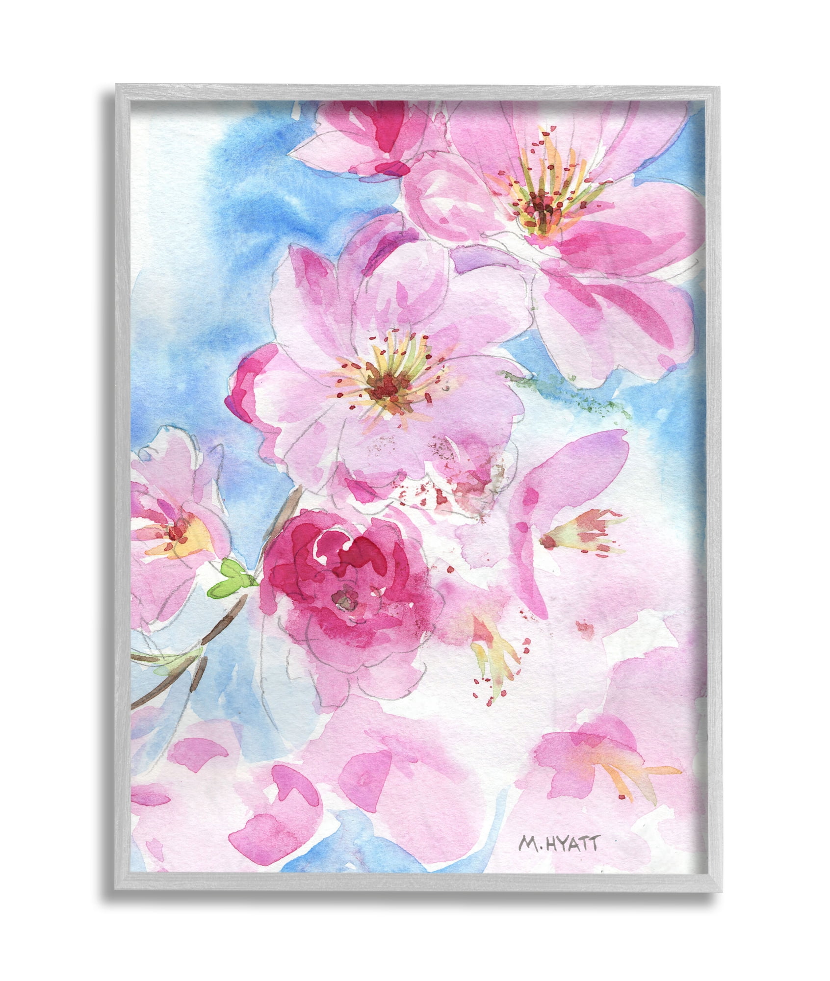 Stupell Industries Cherry Blossom Pink Florals Blooming over Blue Grey Framed, 16 x 20, Design by Melissa Hyatt LLC