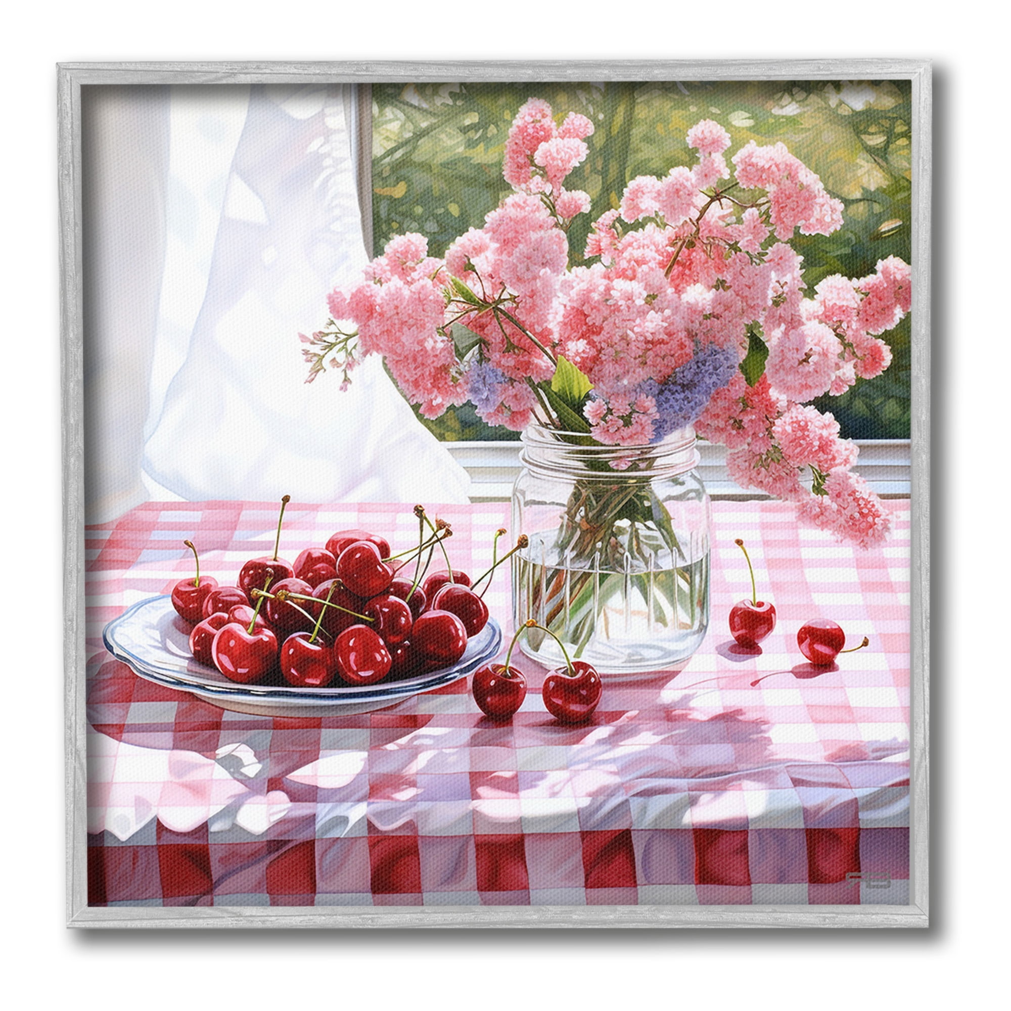 Stupell Industries Cherry Blossoms & Fruits Botanical & Floral Painting Gray Framed Art Print Wall Art, 12 x 12