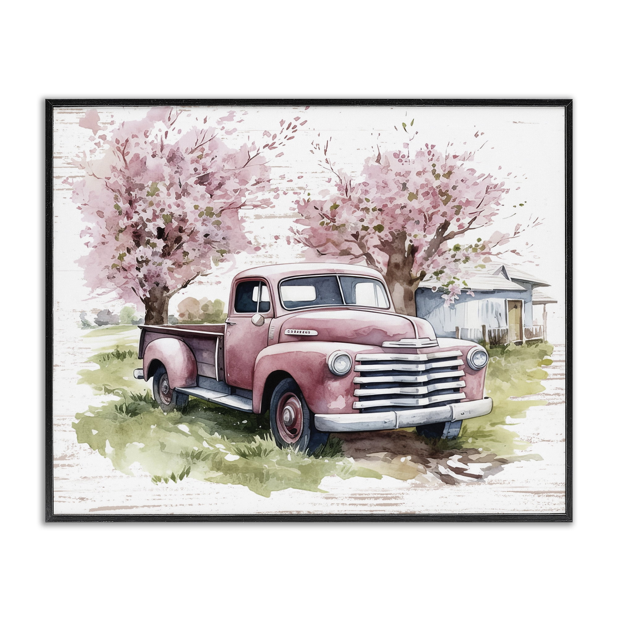 Stupell Industries Cherry Blossoms & Pickup Transportation Painting Black Framed Art Print Wall Art, 30 x 24