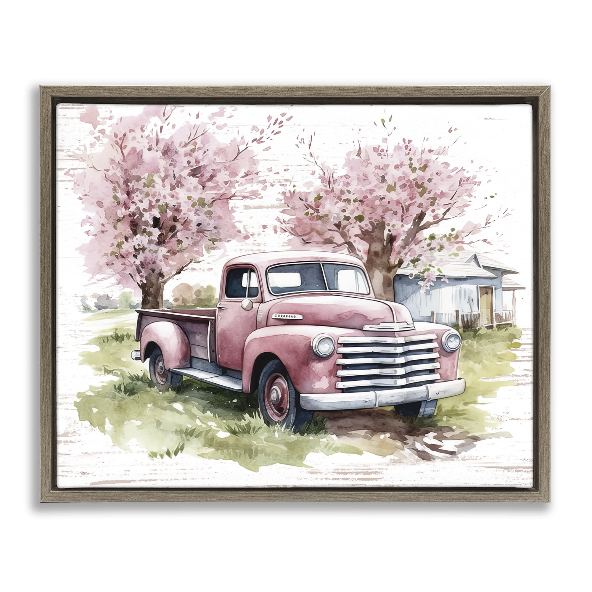Stupell Industries Cherry Blossoms & Pickup Transportation Painting Brown Floater Framed Canvas Art Print Wall Art, 21 x 17