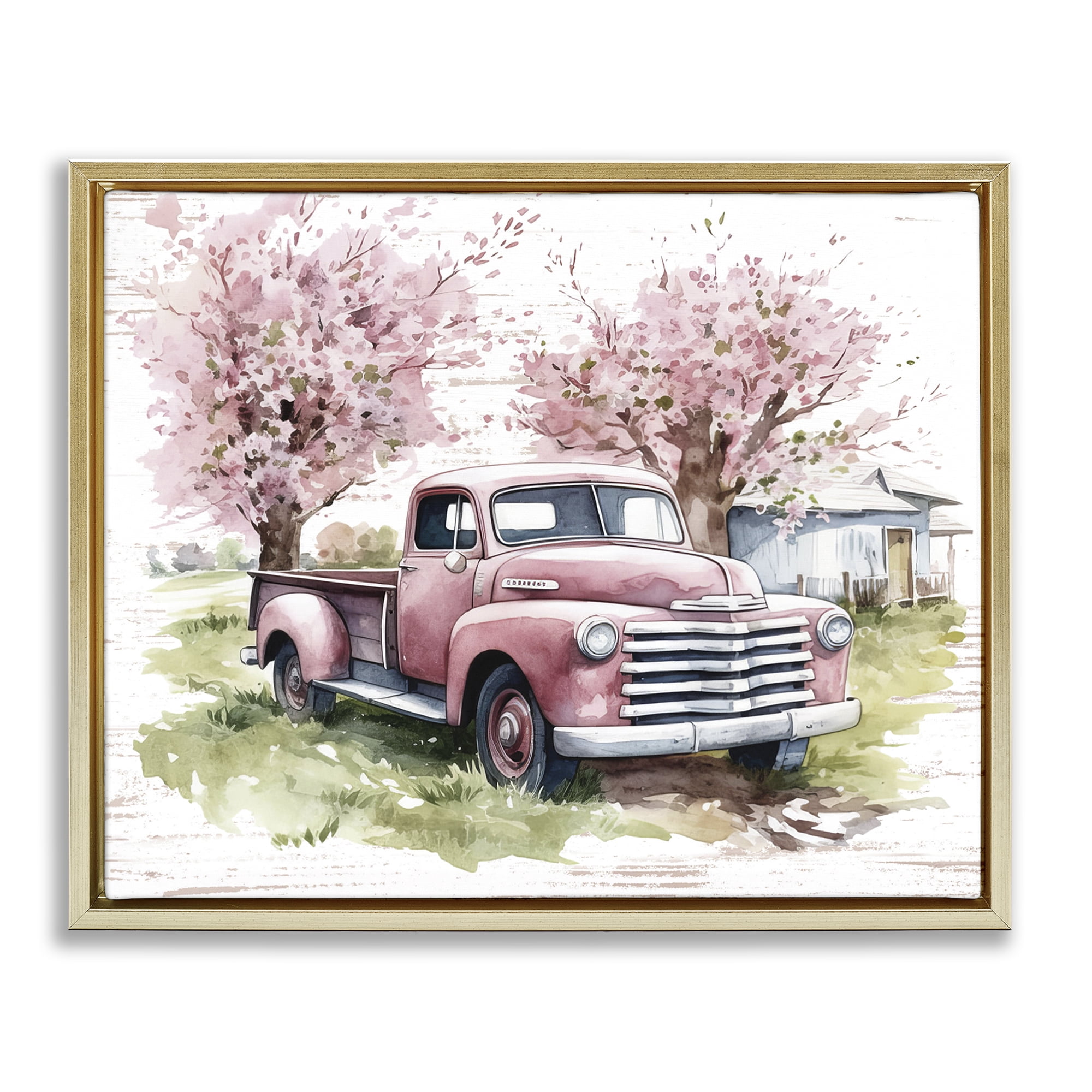 Stupell Industries Cherry Blossoms & Pickup Transportation Painting Gold Floater Framed Canvas Art Print Wall Art, 31 x 25