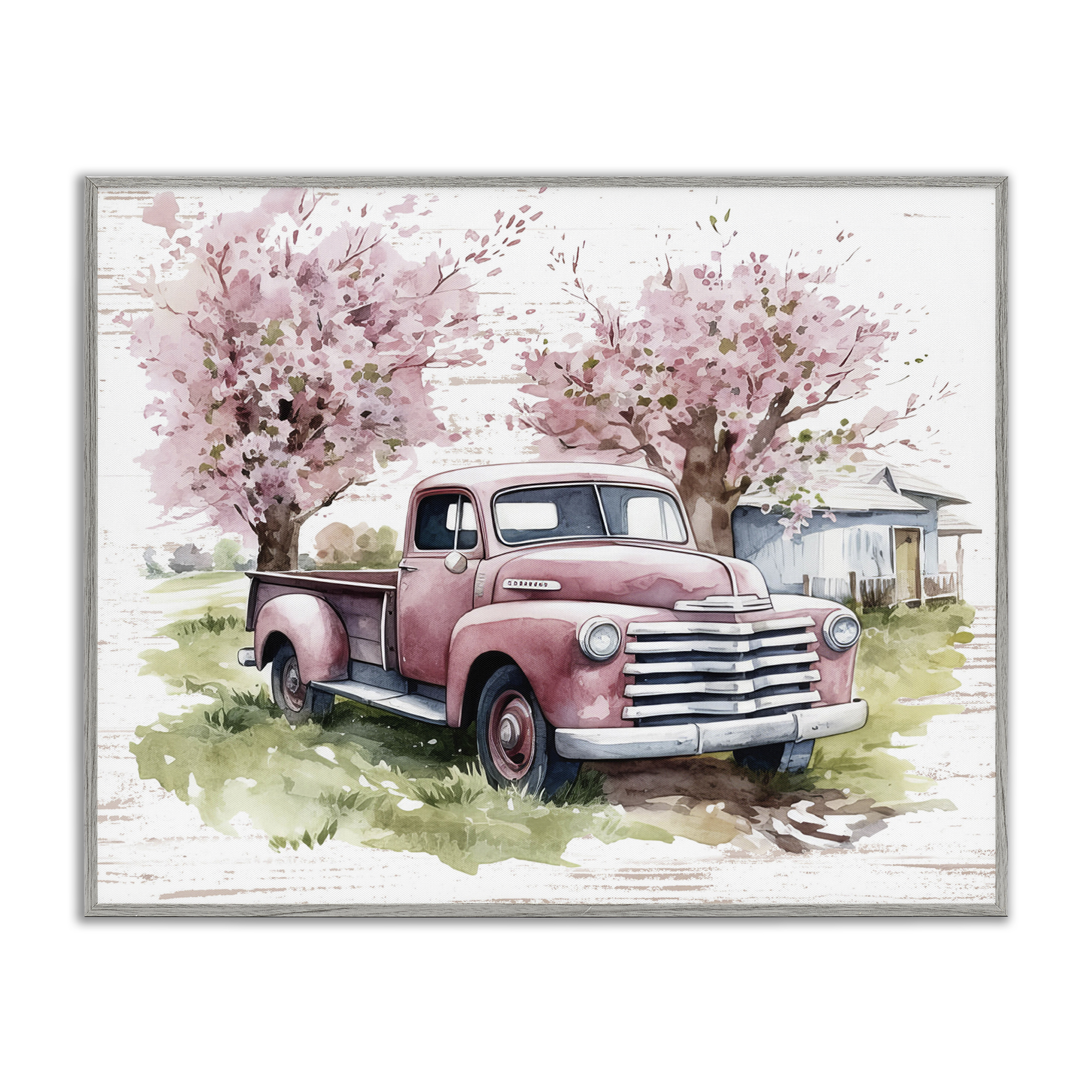 Stupell Industries Cherry Blossoms & Pickup Transportation Painting Gray Framed Art Print Wall Art, 30 x 24
