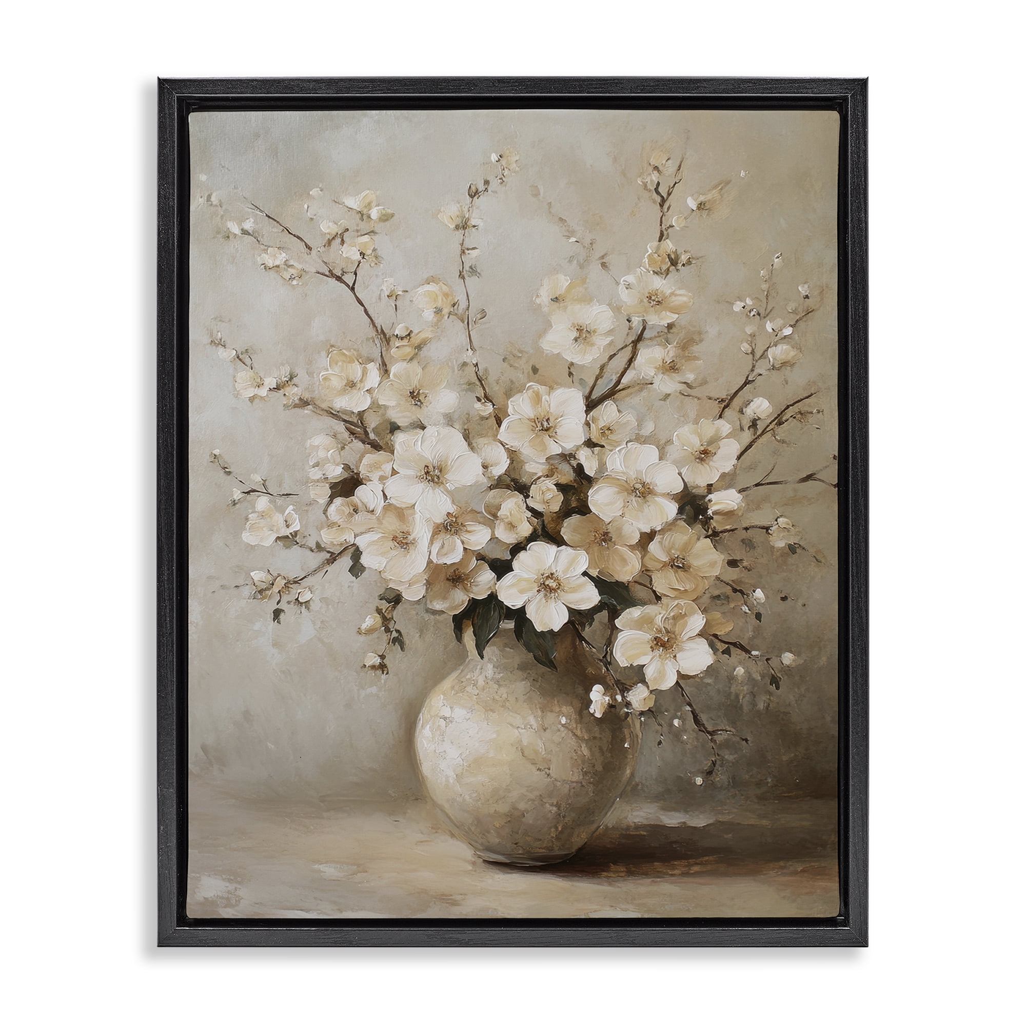 Stupell Industries Cherry Blossoms in Pottery Plants & Flowers Painting Black Floater Framed Canvas Art Print Wall Art, 17 x 21