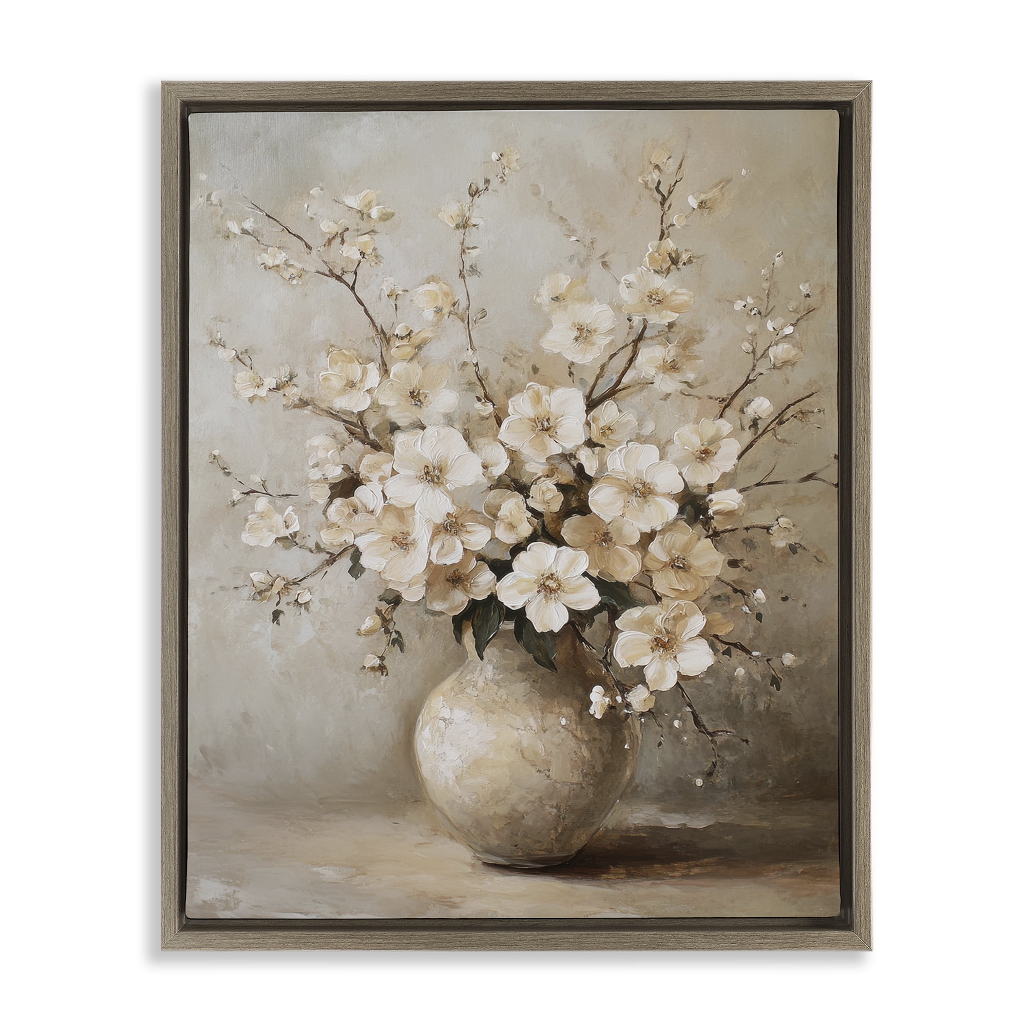 Stupell Industries Cherry Blossoms in Pottery Plants & Flowers Painting Brown Floater Framed Canvas Art Print Wall Art, 17 x 21