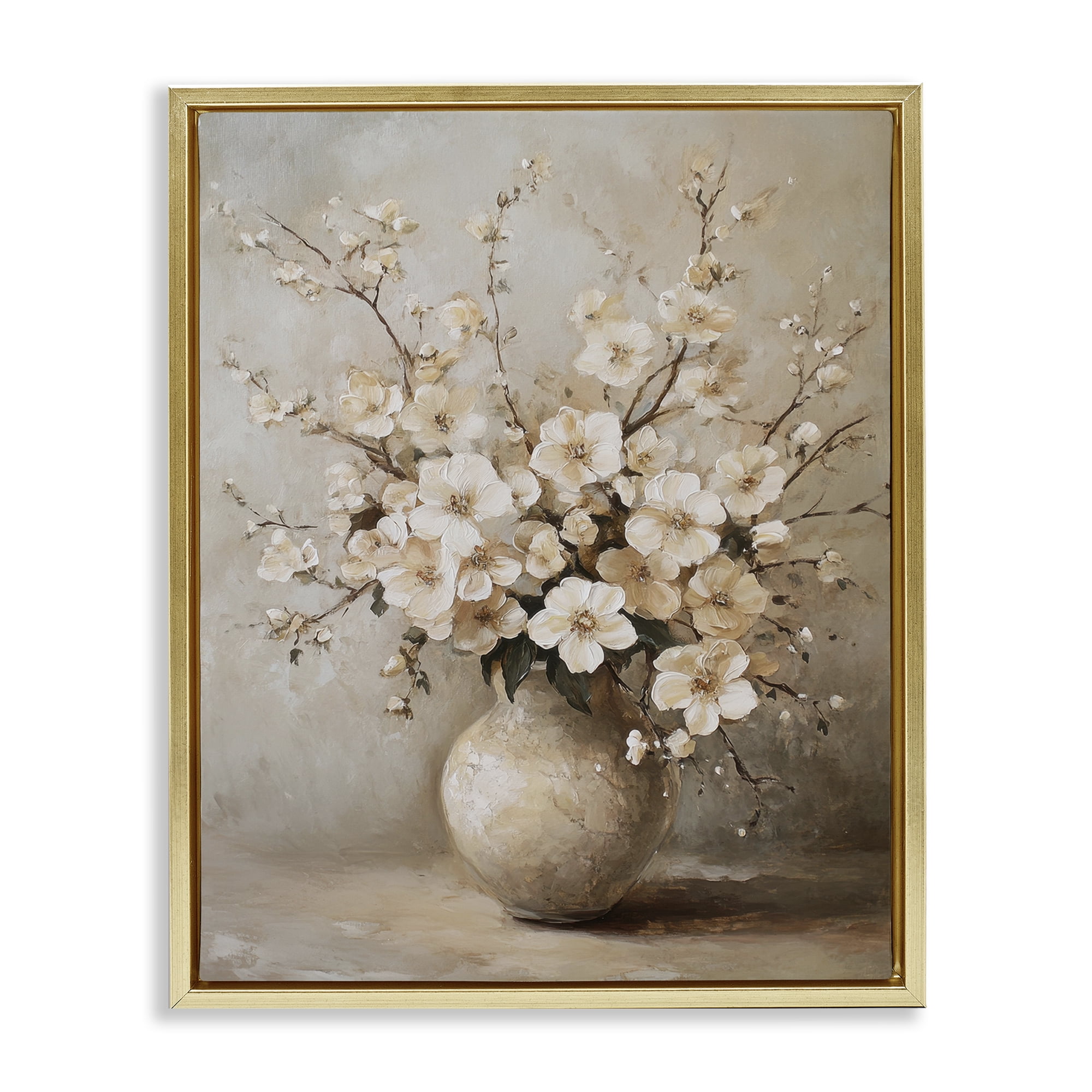 Stupell Industries Cherry Blossoms in Pottery Plants & Flowers Painting Gold Floater Framed Canvas Art Print Wall Art, 25 x 31