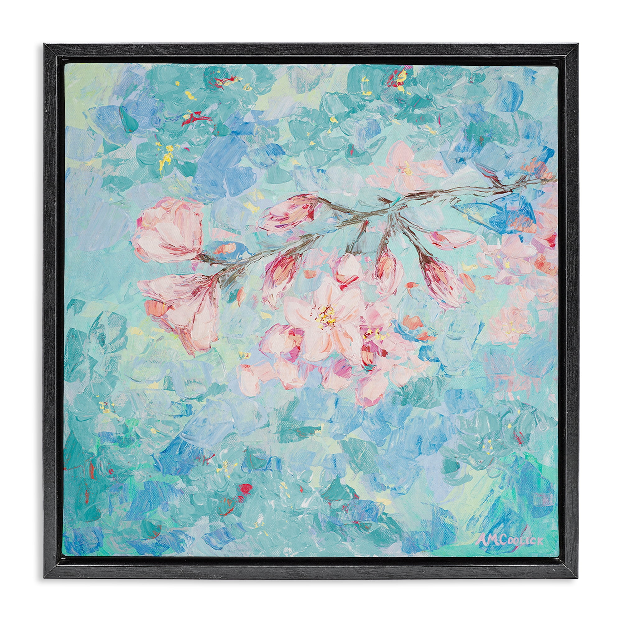 Stupell Industries Cherry Blossoms on Blue Plants & Flowers Painting Black Floater Framed Canvas Art Print Wall Art, 25 x 25