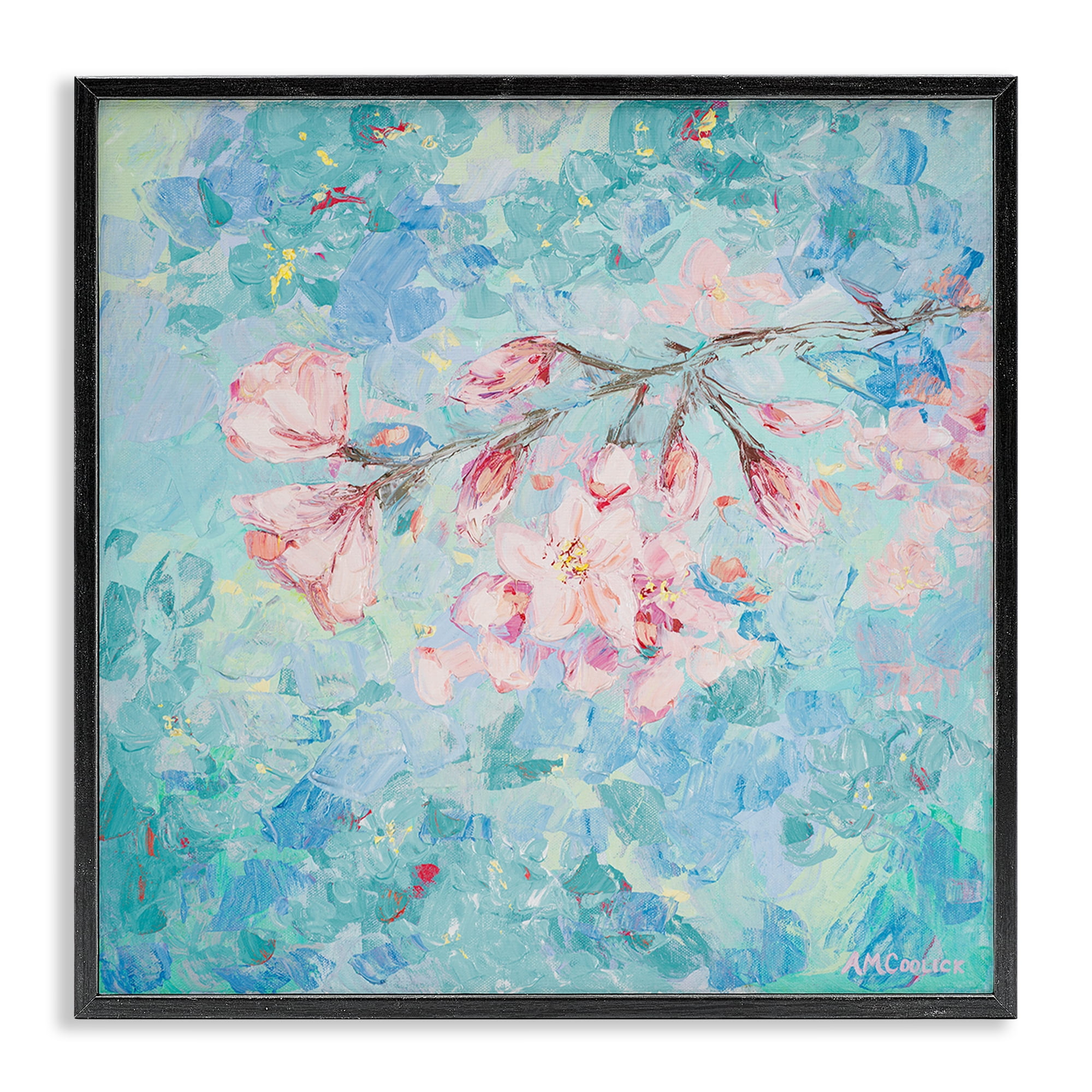 Stupell Industries Cherry Blossoms on Blue Plants & Flowers Painting Black Framed Art Print Wall Art, 17 x 17