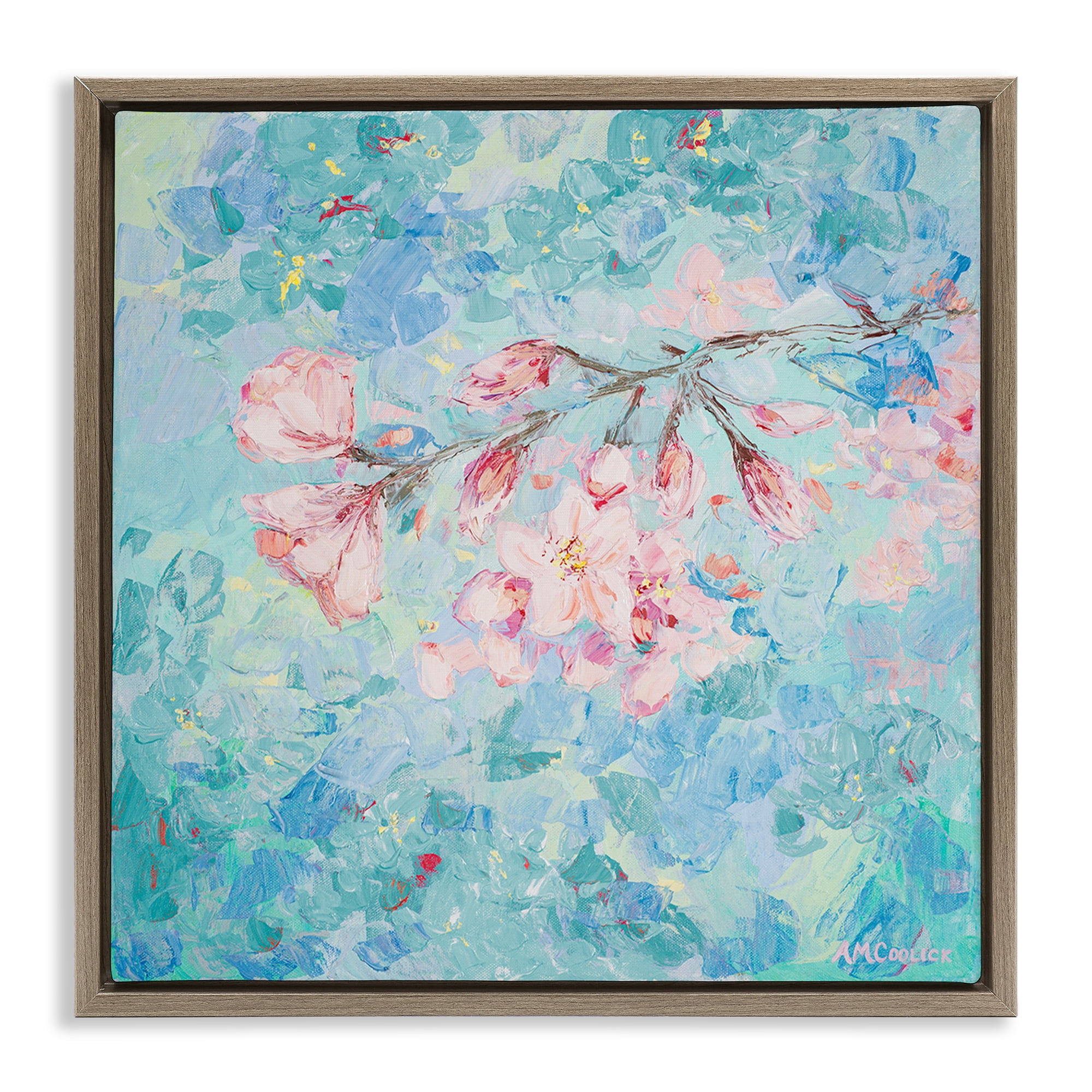 Stupell Industries Cherry Blossoms on Blue Plants & Flowers Painting Brown Floater Framed Canvas Art Print Wall Art, 18 x 18