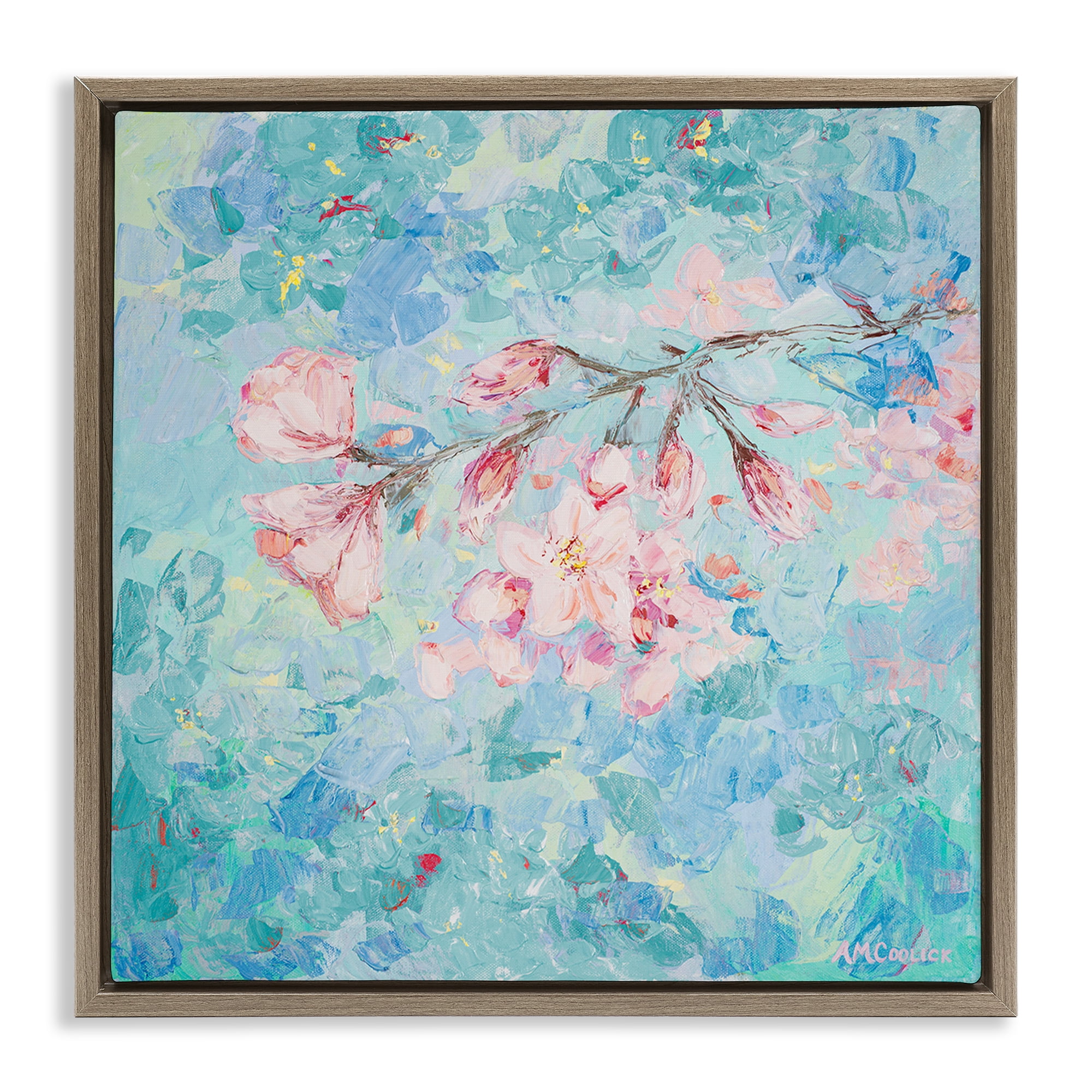 Stupell Industries Cherry Blossoms on Blue Plants & Flowers Painting Brown Floater Framed Canvas Art Print Wall Art, 25 x 25