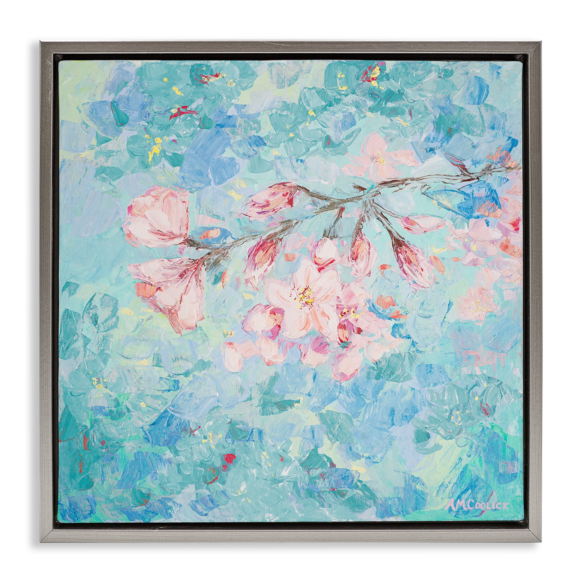 Stupell Industries Cherry Blossoms on Blue Plants & Flowers Painting Gray Floater Framed Canvas Art Print Wall Art, 25 x 25