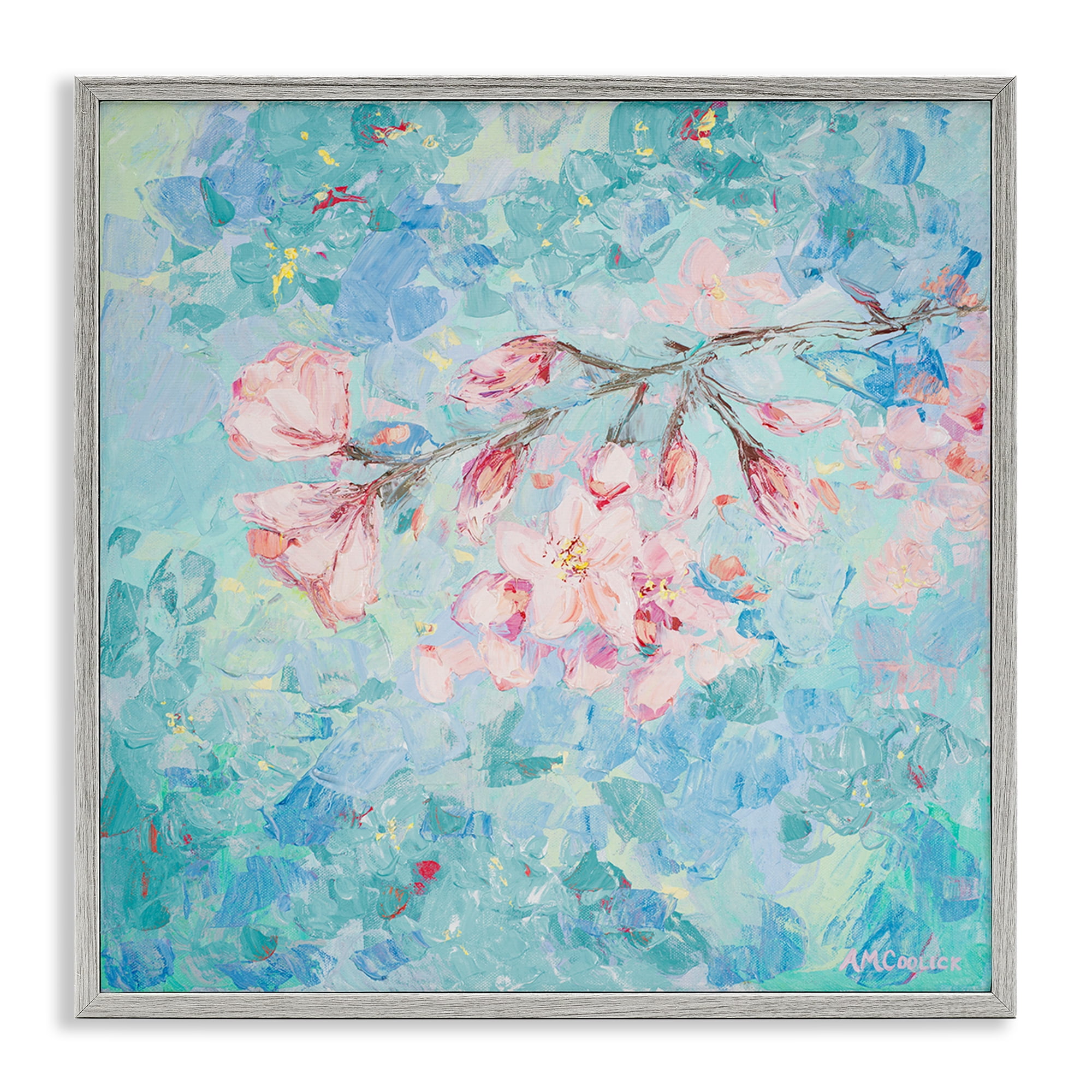 Stupell Industries Cherry Blossoms on Blue Plants & Flowers Painting Gray Framed Art Print Wall Art, 24 x 24