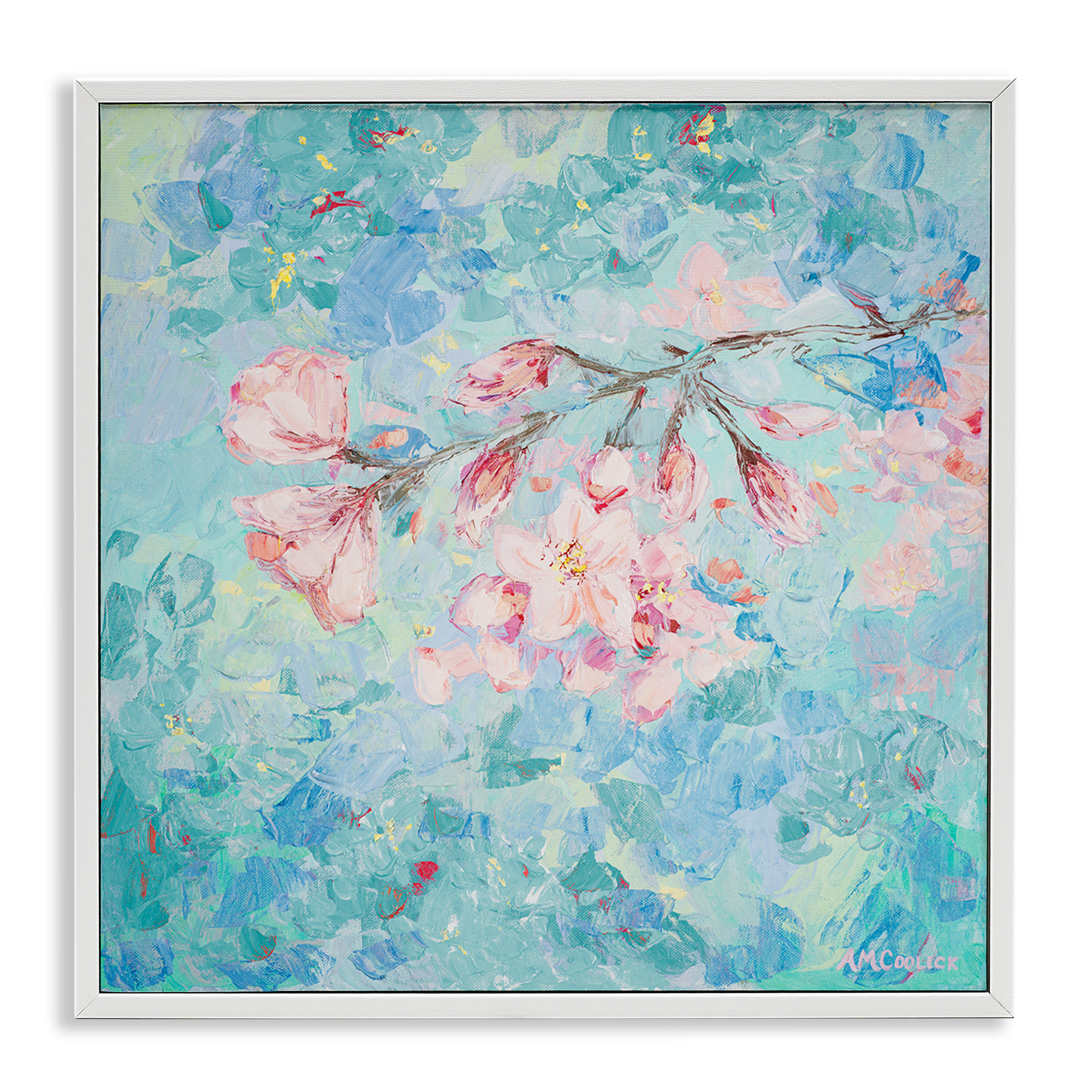 Stupell Industries Cherry Blossoms on Blue Plants & Flowers Painting White Framed Art Print Wall Art, 12 x 12
