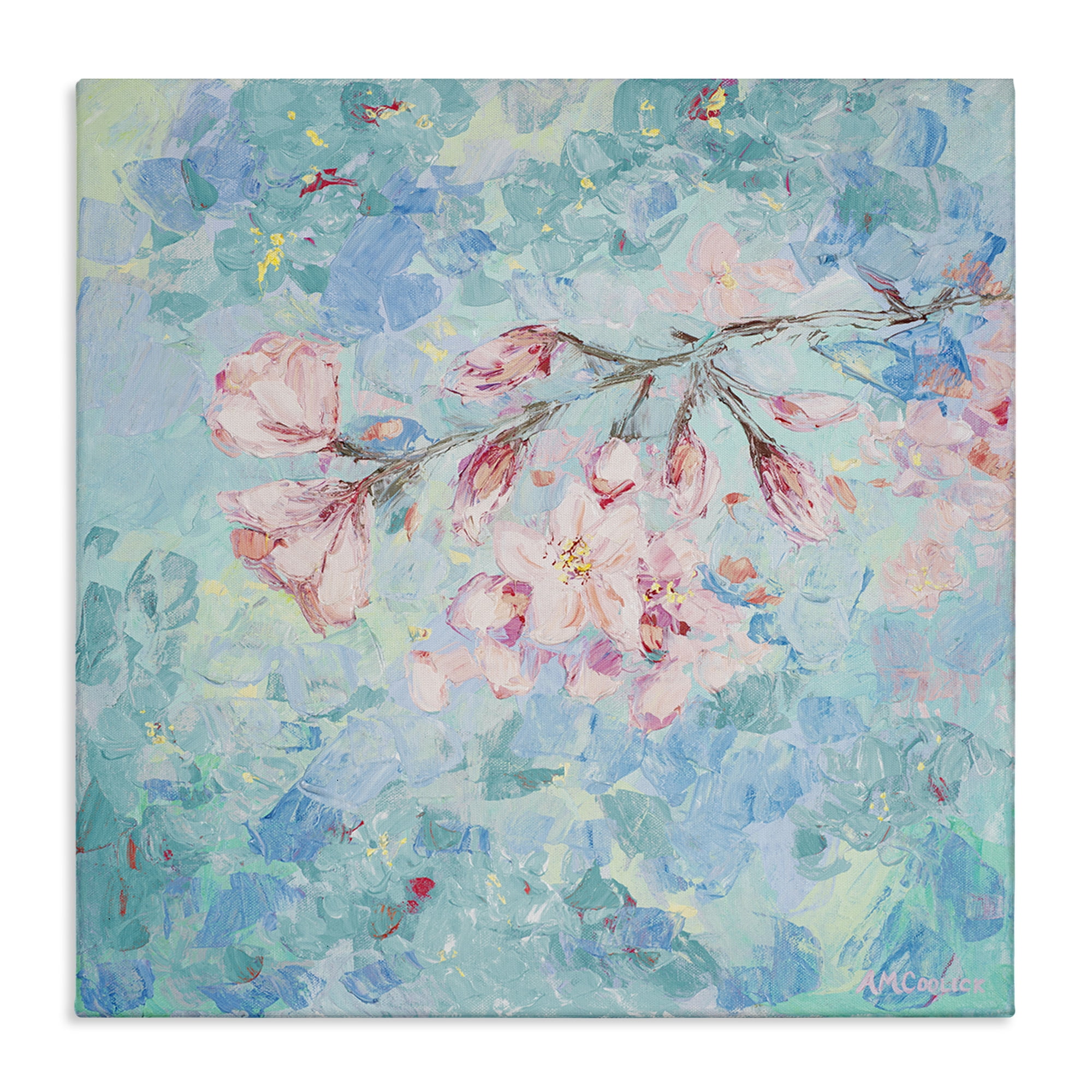 Stupell Industries Cherry Blossoms on Blue Plants & Flowers Painting Wrapped Canvas Art Print Wall Art, 30 x 30