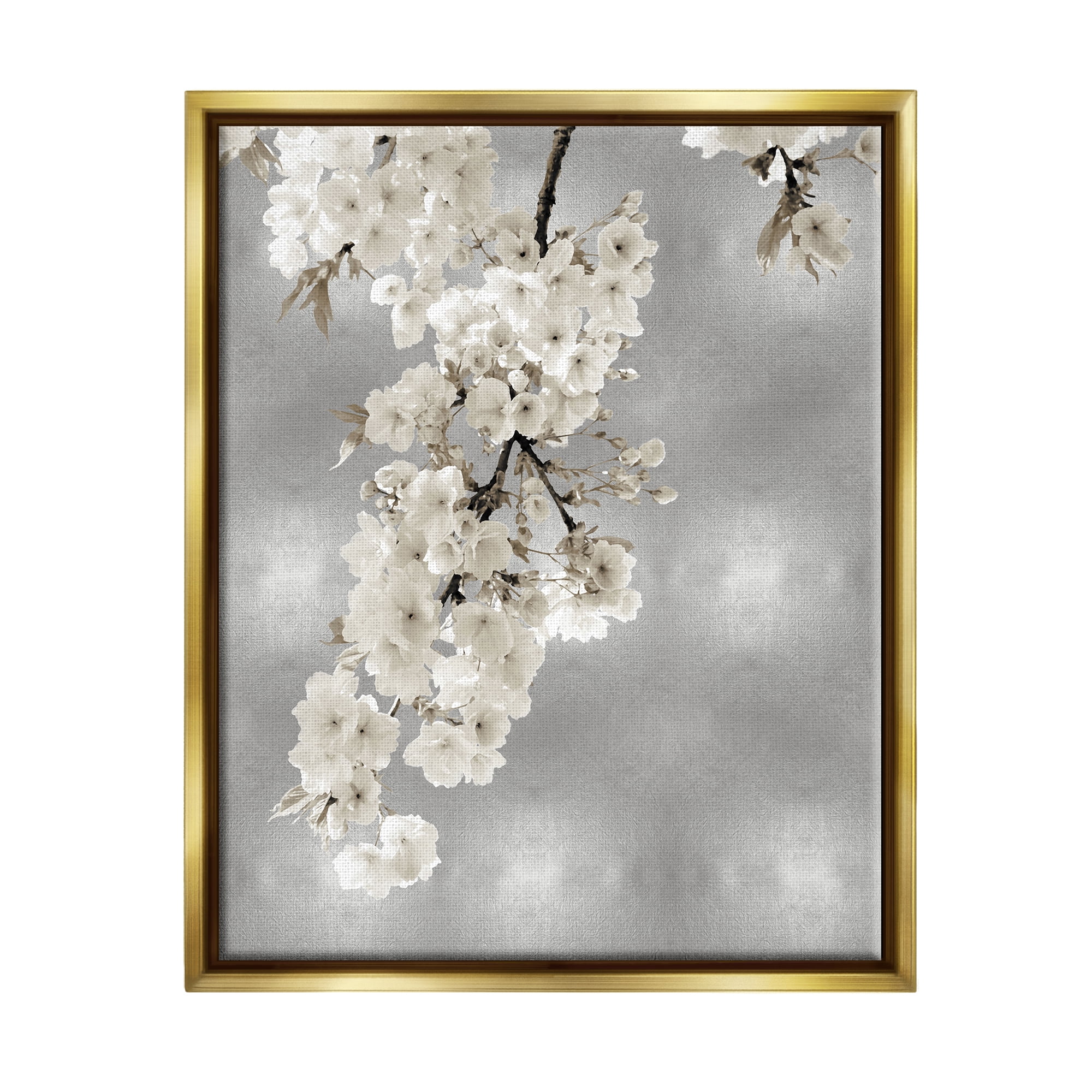 Stupell Industries Cherry Blossoms on Grey Botanical & Floral Painting Gold Floater Framed Canvas Art Print Wall Art, 25 x 31