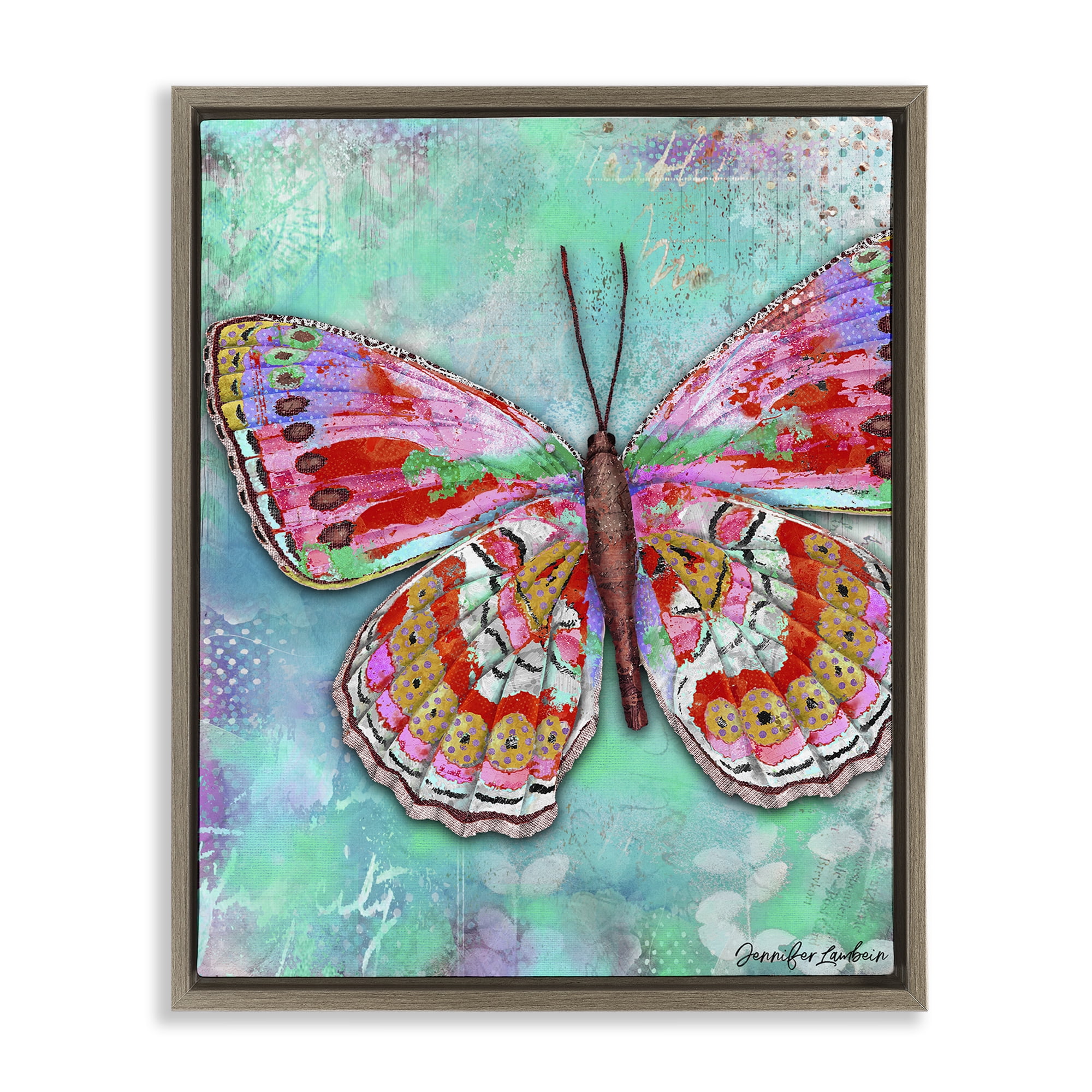 Stupell Industries Cherry Mint Butterfly Animals Painting Brown Floater Framed Canvas Art Print Wall Art, 17 x 21