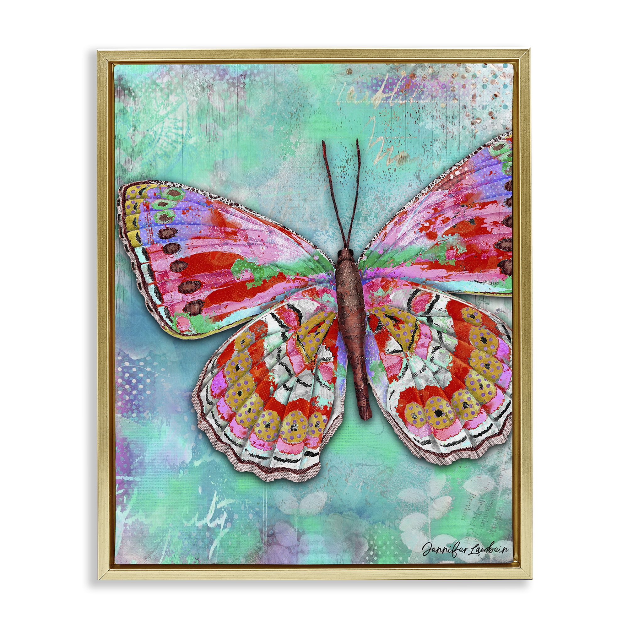 Stupell Industries Cherry Mint Butterfly Animals Painting Gold Floater Framed Canvas Art Print Wall Art, 25 x 31