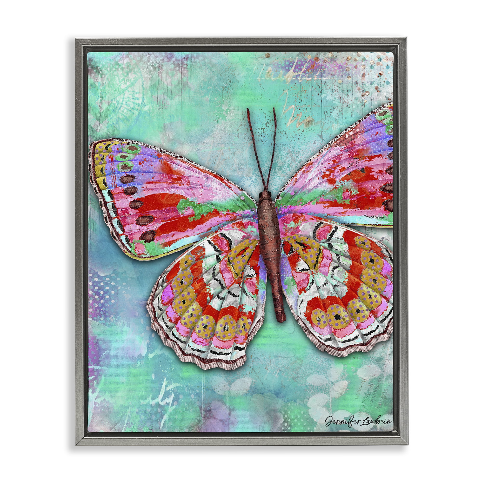 Stupell Industries Cherry Mint Butterfly Animals Painting Gray Floater Framed Canvas Art Print Wall Art, 17 x 21