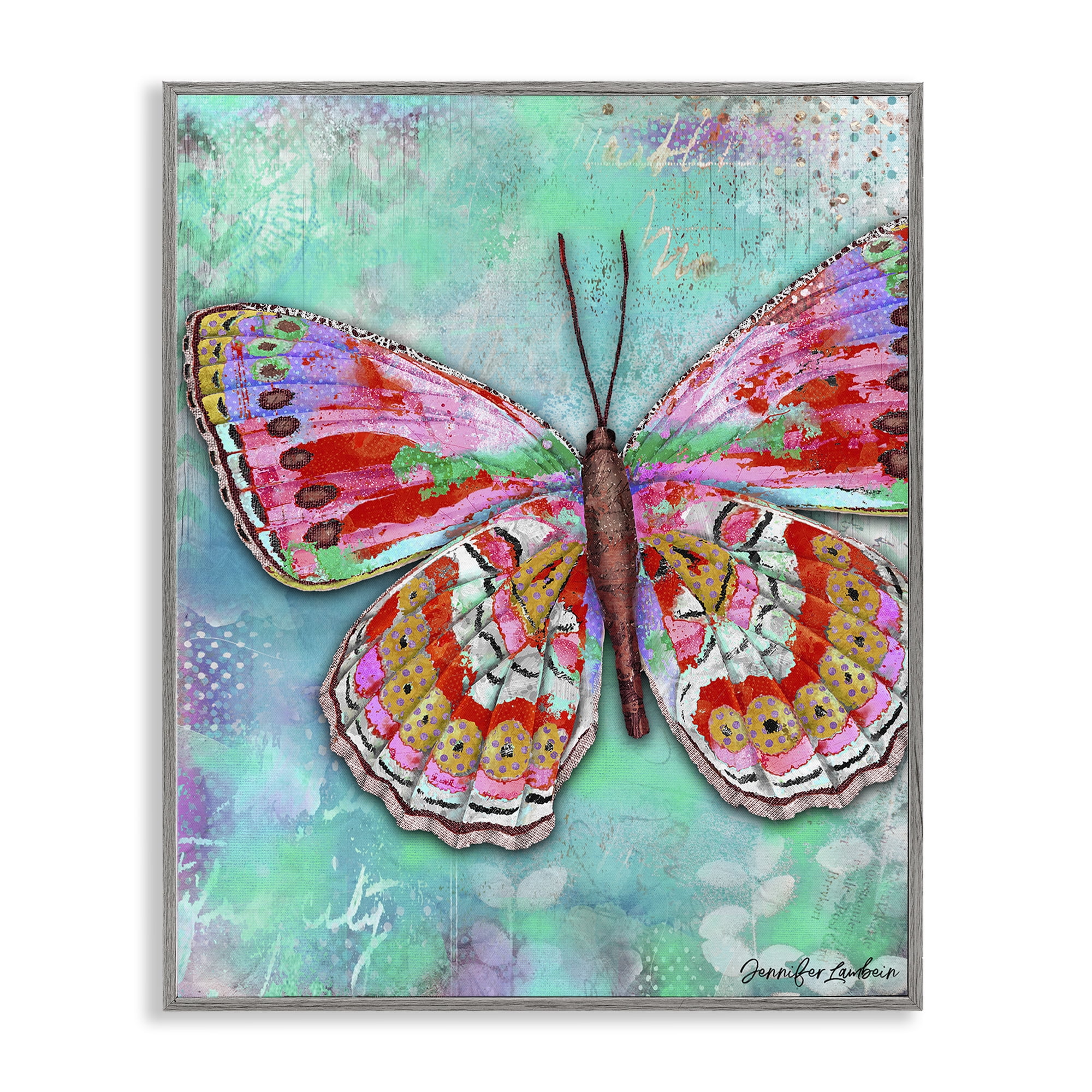 Stupell Industries Cherry Mint Butterfly Animals Painting Gray Framed Art Print Wall Art, 16 x 20