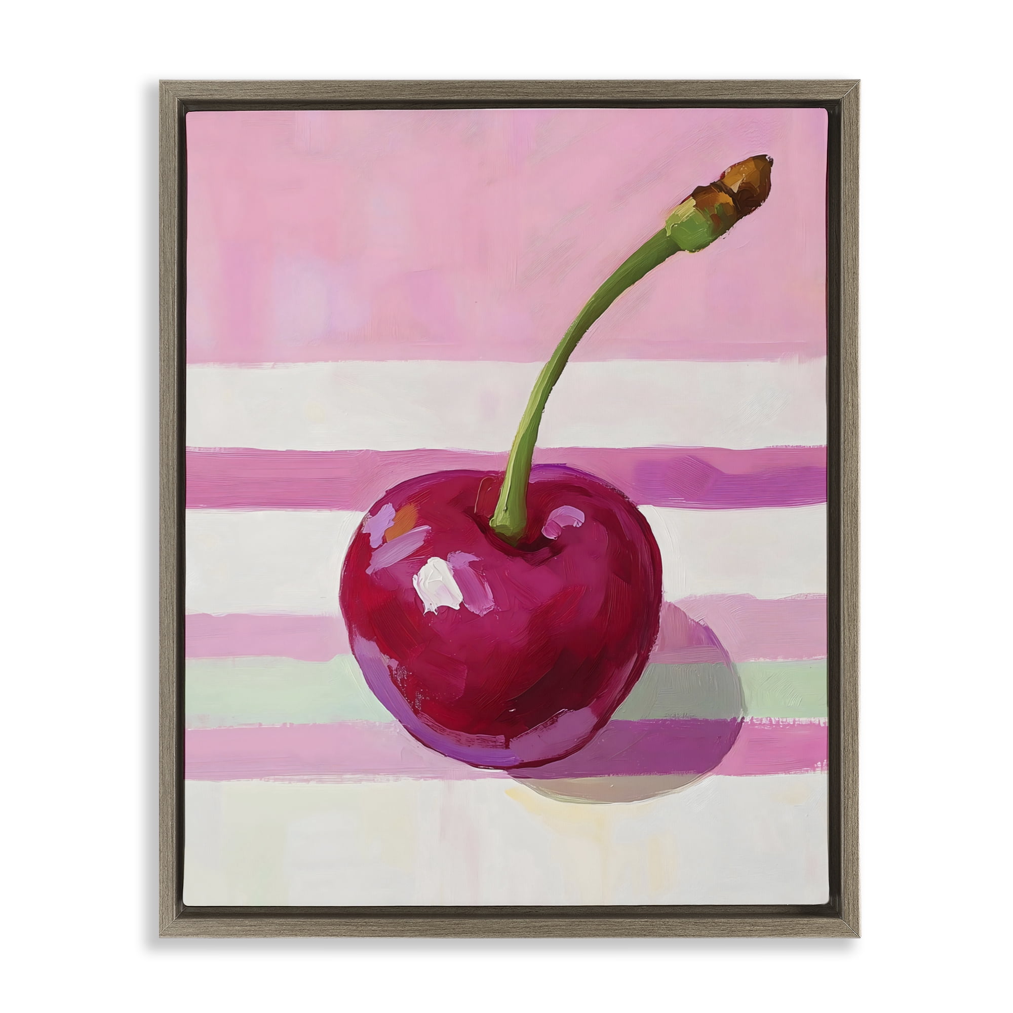 Stupell Industries Cherry on Pink Stripes Brown Framed Floater Canvas Wall Art, design by The Prints Vibe