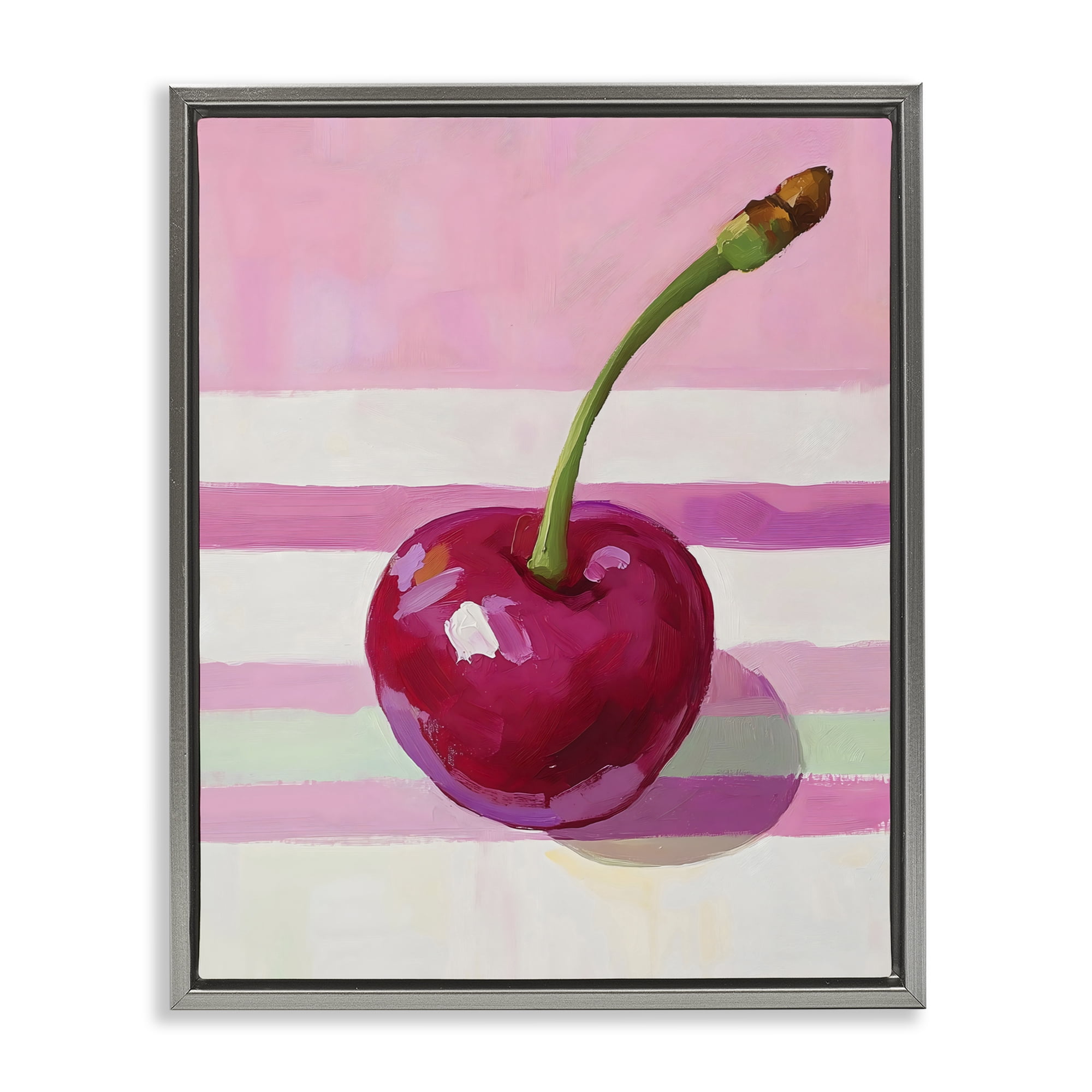 Stupell Industries Cherry on Pink Stripes Gray Framed Floater Canvas Wall Art, design by The Prints Vibe