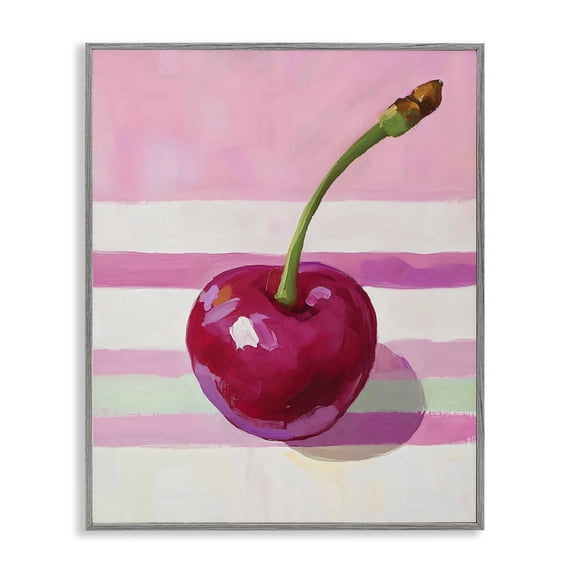 Stupell Industries Contemporary Cherry on Pink Stripes Gray Framed Giclee Art, 16 x 20, by The Prints Vibe