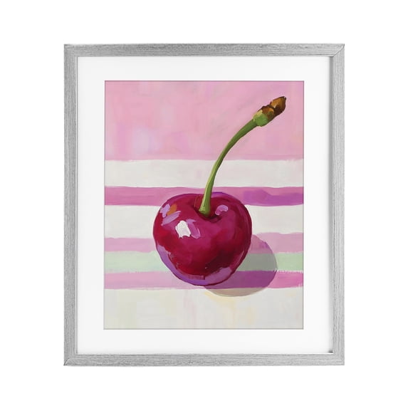 Stupell Industries Contemporary Cherry on Pink Stripes Gray Framed Print Under Glass, 13 x 16, by The Prints Vibe