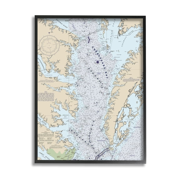Stupell Industries Chesapeake Bay Water Flow Map Coastal Cartography Graphic Art Black Framed Art Print Wall Art, 24x30, by Daphne Polselli