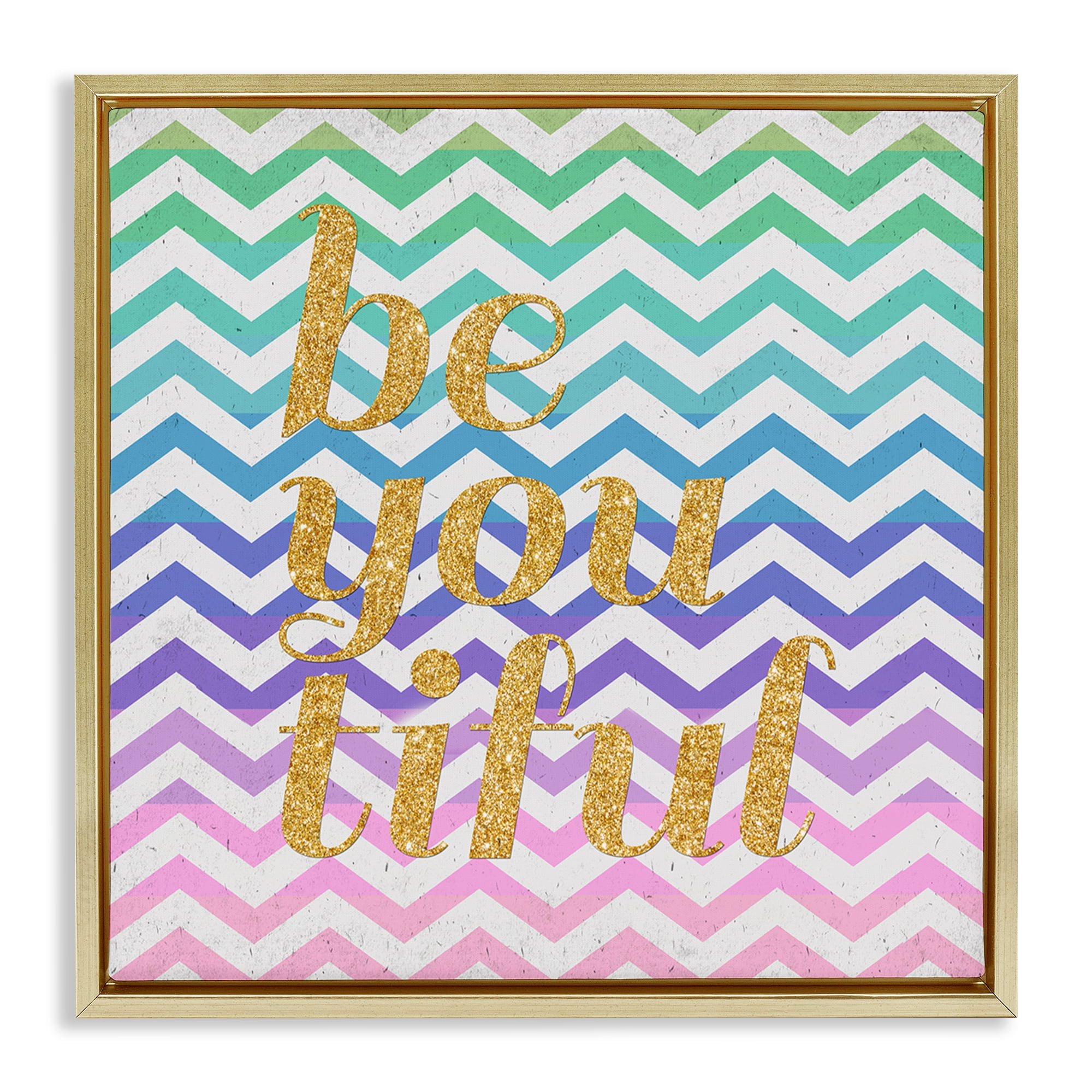 Stupell Industries Chevron Beautiful Phrase Text & Numbers Painting Gold Floater Framed Canvas Art Print Wall Art, 18 x 18