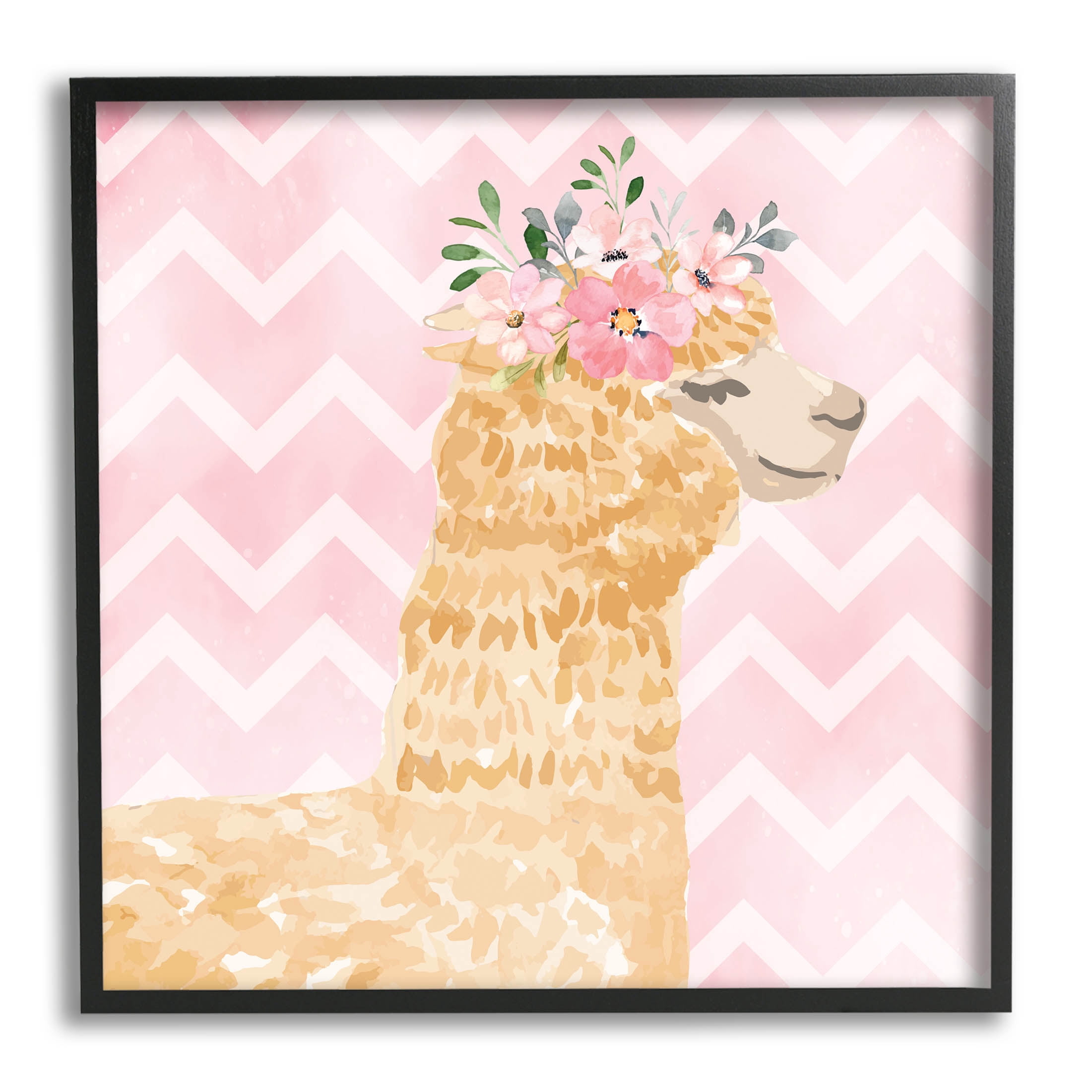Stupell Industries Chevron Patterned Alpaca Blooms Graphic Art Black Framed Art Print Wall Art, Design by ND Art