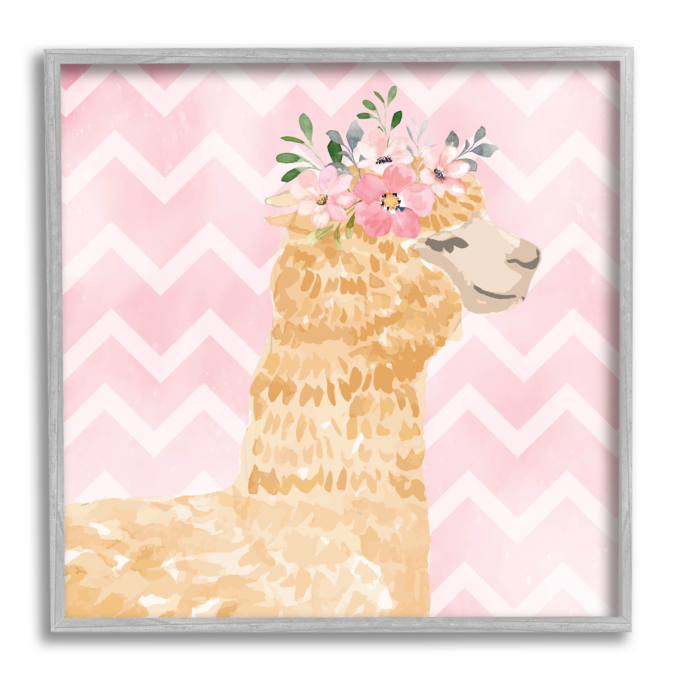 Stupell Industries Chevron Patterned Alpaca Blooms Graphic Art Gray Framed Art Print Wall Art, Design by ND Art