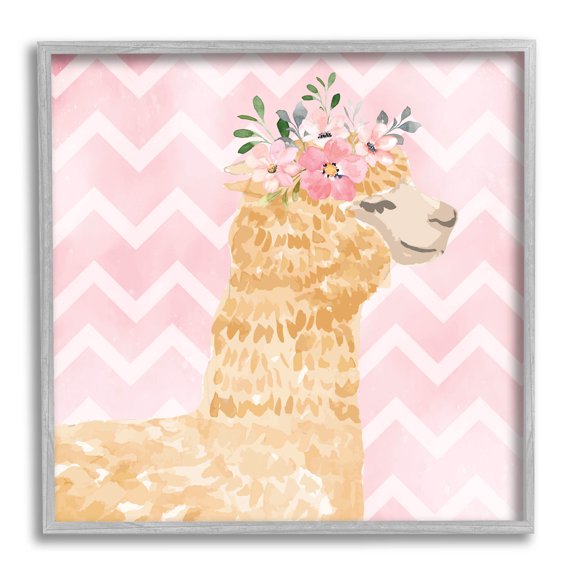 Stupell Industries Chevron Patterned Alpaca Blooms Graphic Art Gray Framed Art Print Wall Art, Design by ND Art