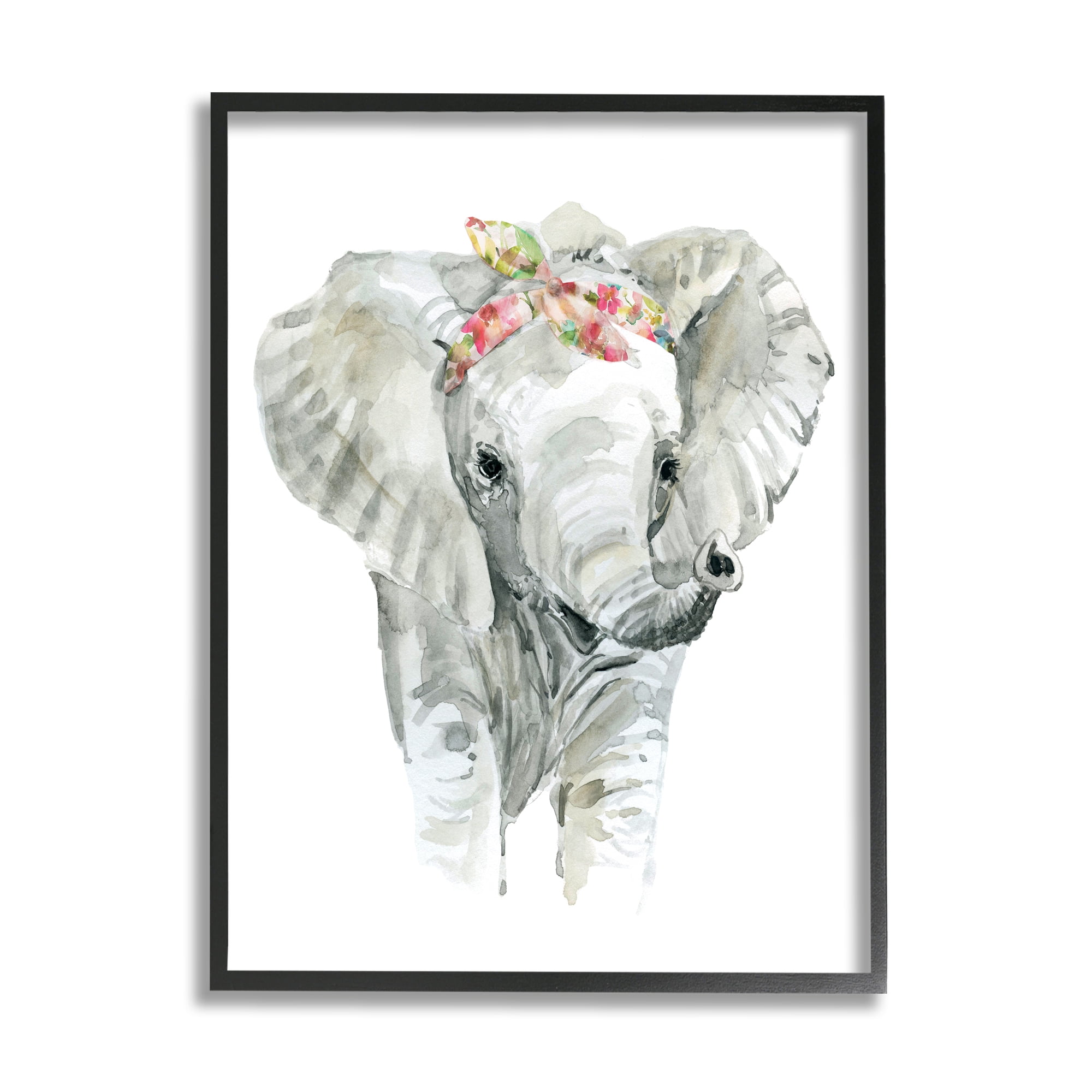 Stupell Industries Chic Baby Elephant with Floral Print Hair Tie Animals & Insects Painting Black Framed Art Print Wall Art, 24 x 30