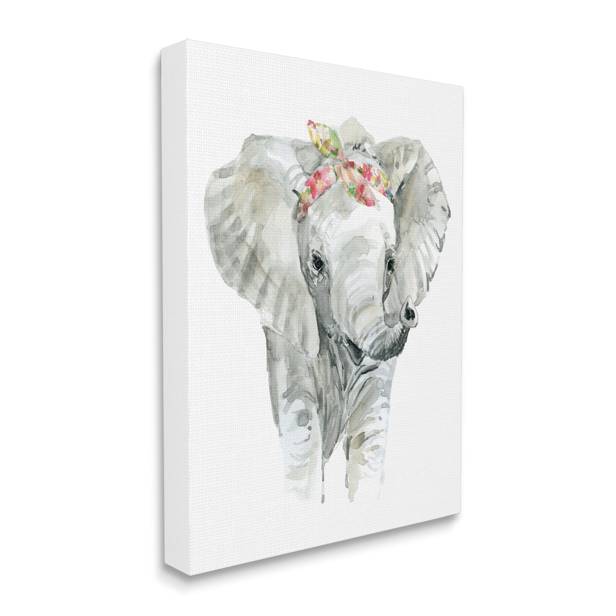 Stupell Industries Chic Baby Elephant with Floral Print Hair Tie Animals & Insects Painting Gallery Wrapped Canvas Print Wall Art, 24 x 30