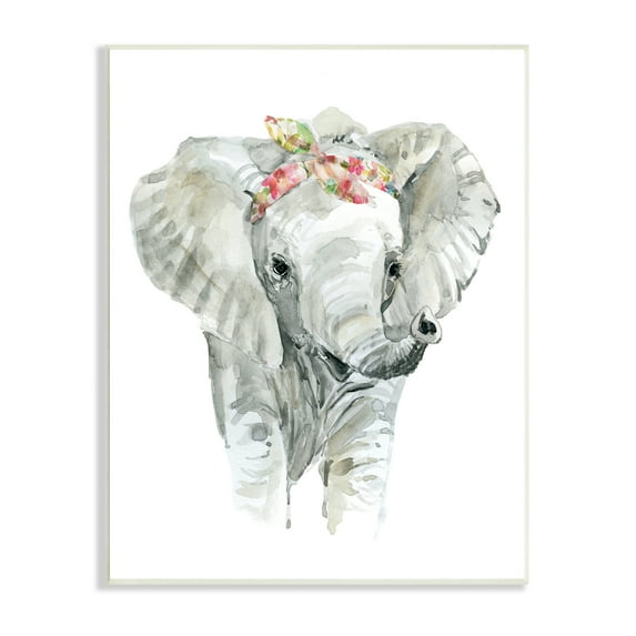 Stupell Industries Chic Baby Elephant with Floral Print Hair Tie Animals & Insects Painting Unframed Art Print Wall Art, 13 x 19