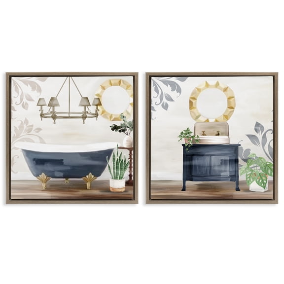 Stupell Industries Chic Bathroom Interior Still Life Abstract Painting Brown Floater Framed Canvas Art Print Wall Art, 18 x 18, Set of 2