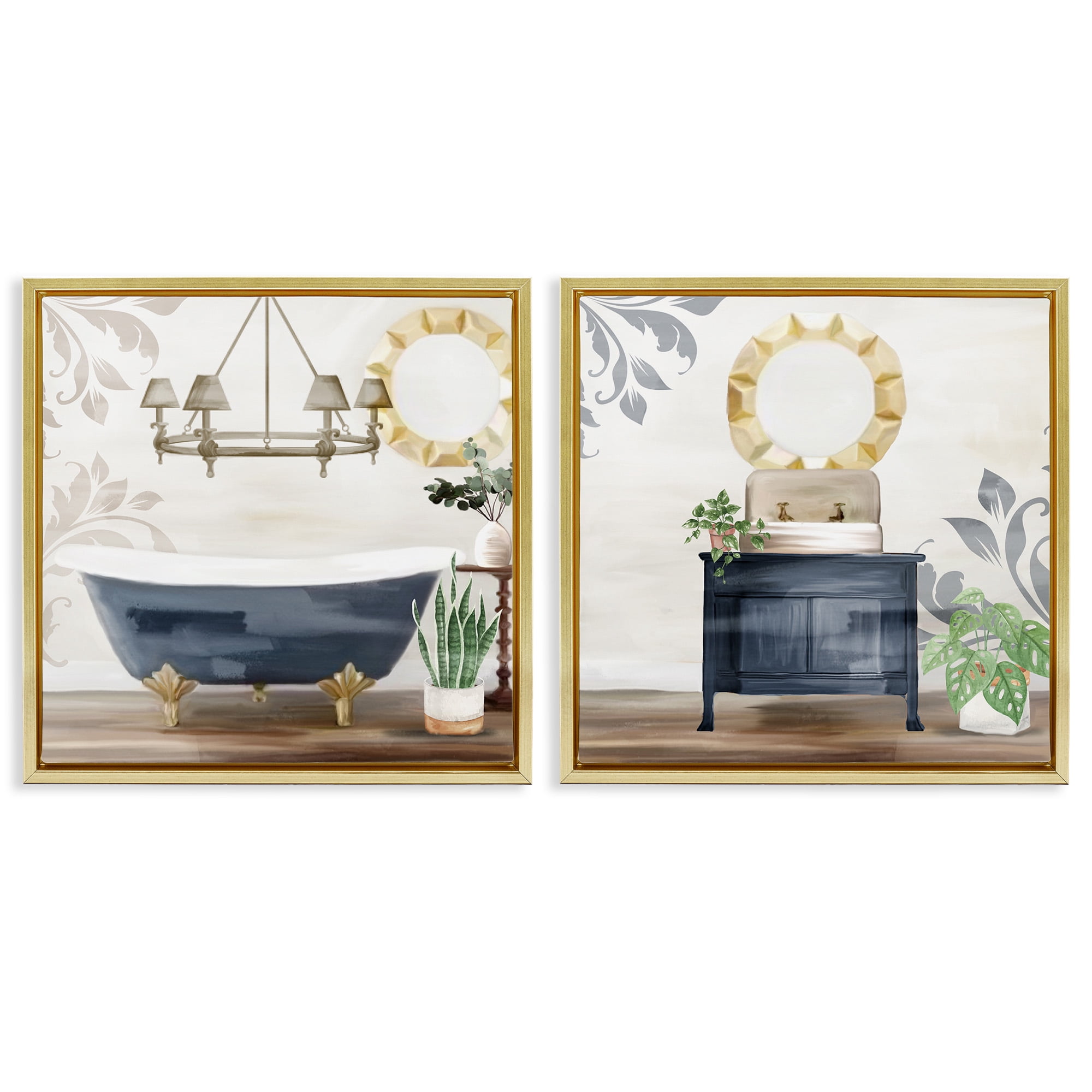 Stupell Industries Chic Bathroom Interior Still Life Abstract Painting Gold Floater Framed Canvas Art Print Wall Art, 25 x 25, Set of 2