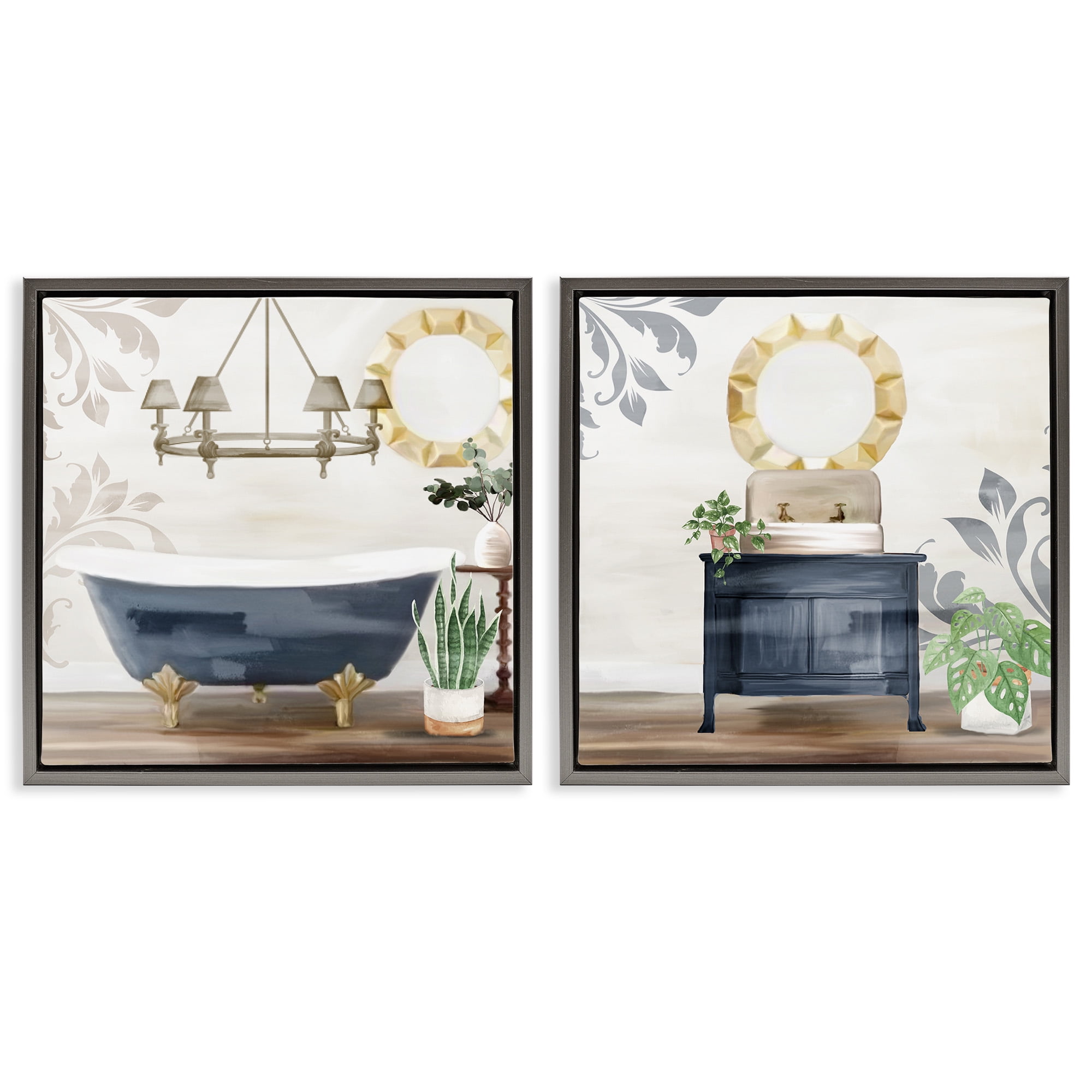 Gray Framed Abstract Bathroom Canvas Art Set, 18 x 18