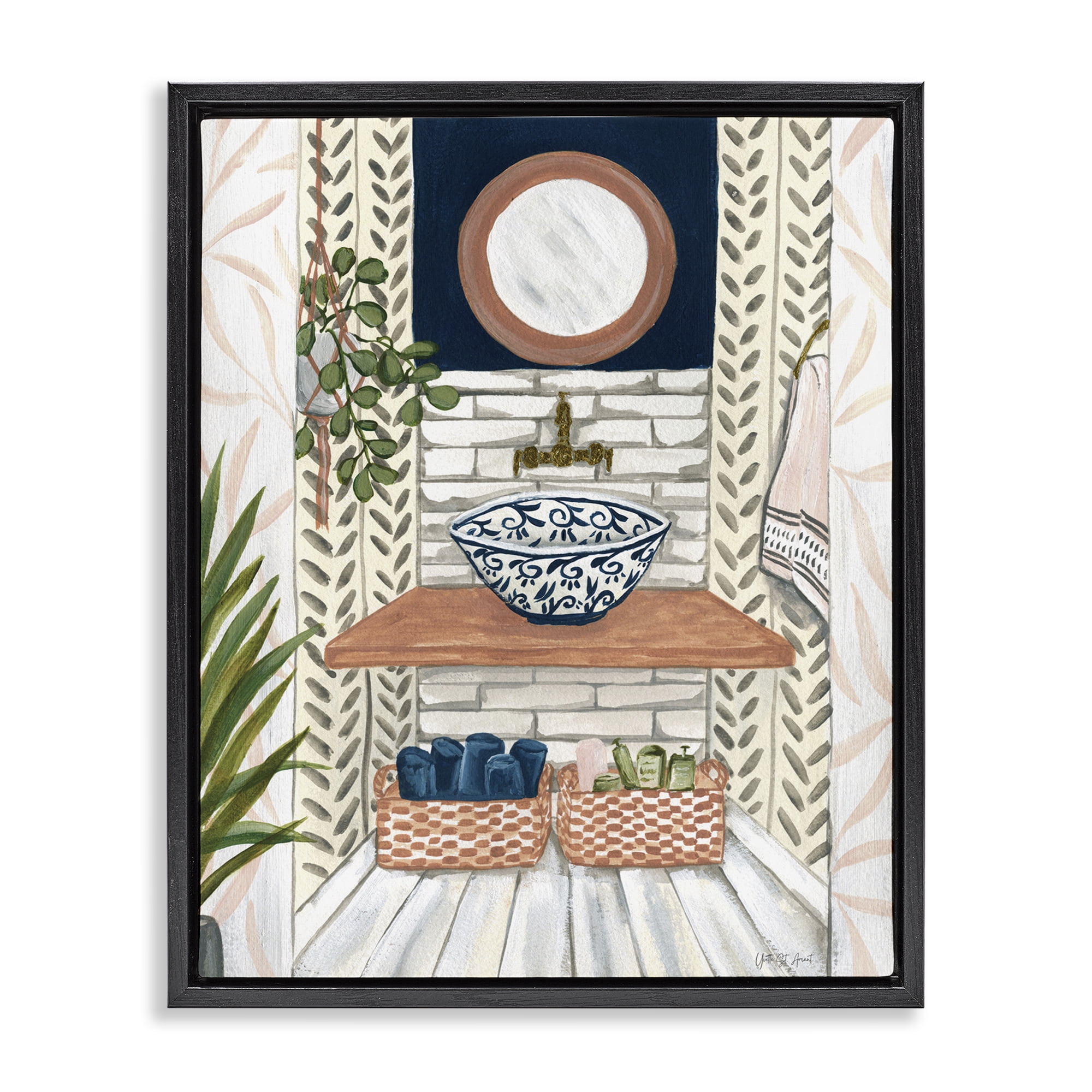 Stupell Industries Chic Bathroom Scene Typography Painting Black Floater Framed Canvas Art Print Wall Art, 25 x 31