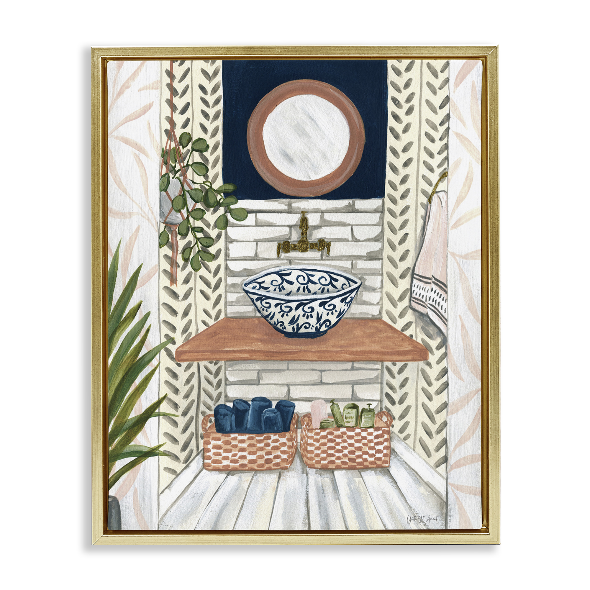 Stupell Industries Chic Bathroom Scene Typography Painting Gold Floater Framed Canvas Art Print Wall Art, 17 x 21
