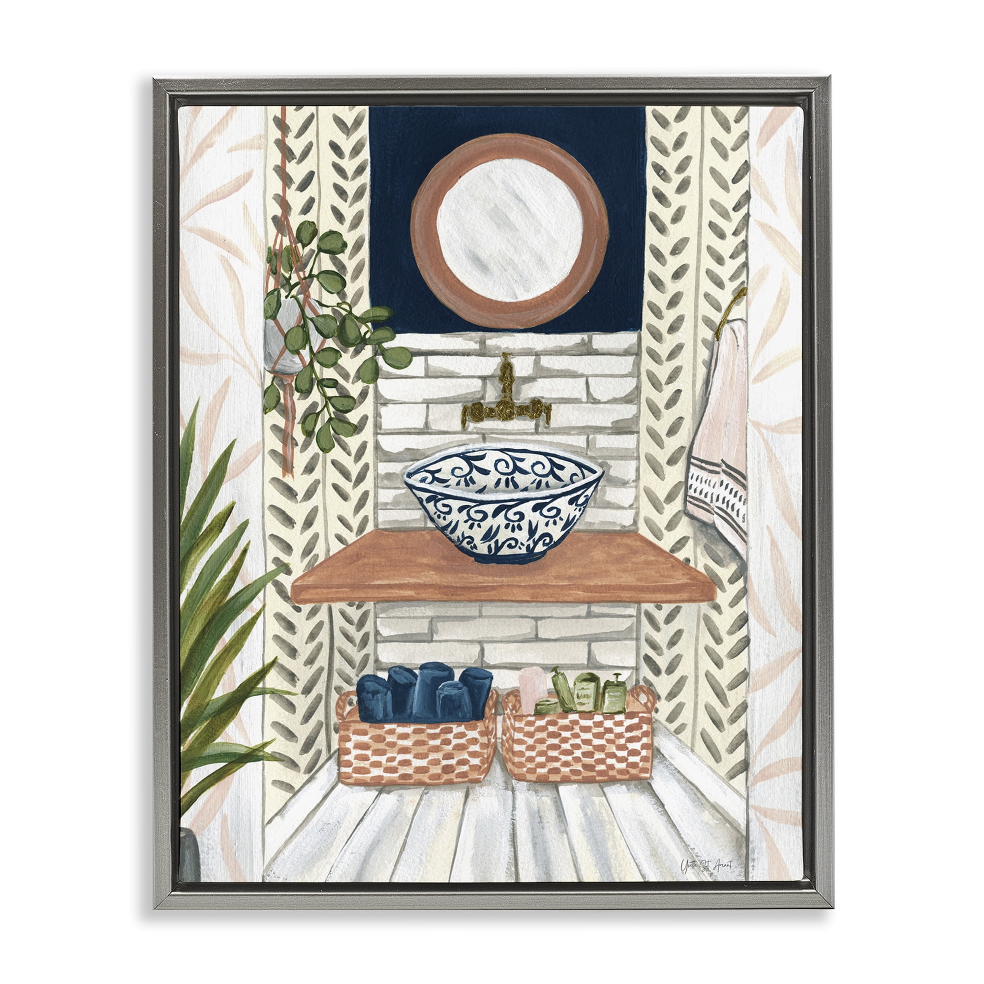 Stupell Industries Chic Bathroom Scene Typography Painting Gray Floater Framed Canvas Art Print Wall Art, 17 x 21