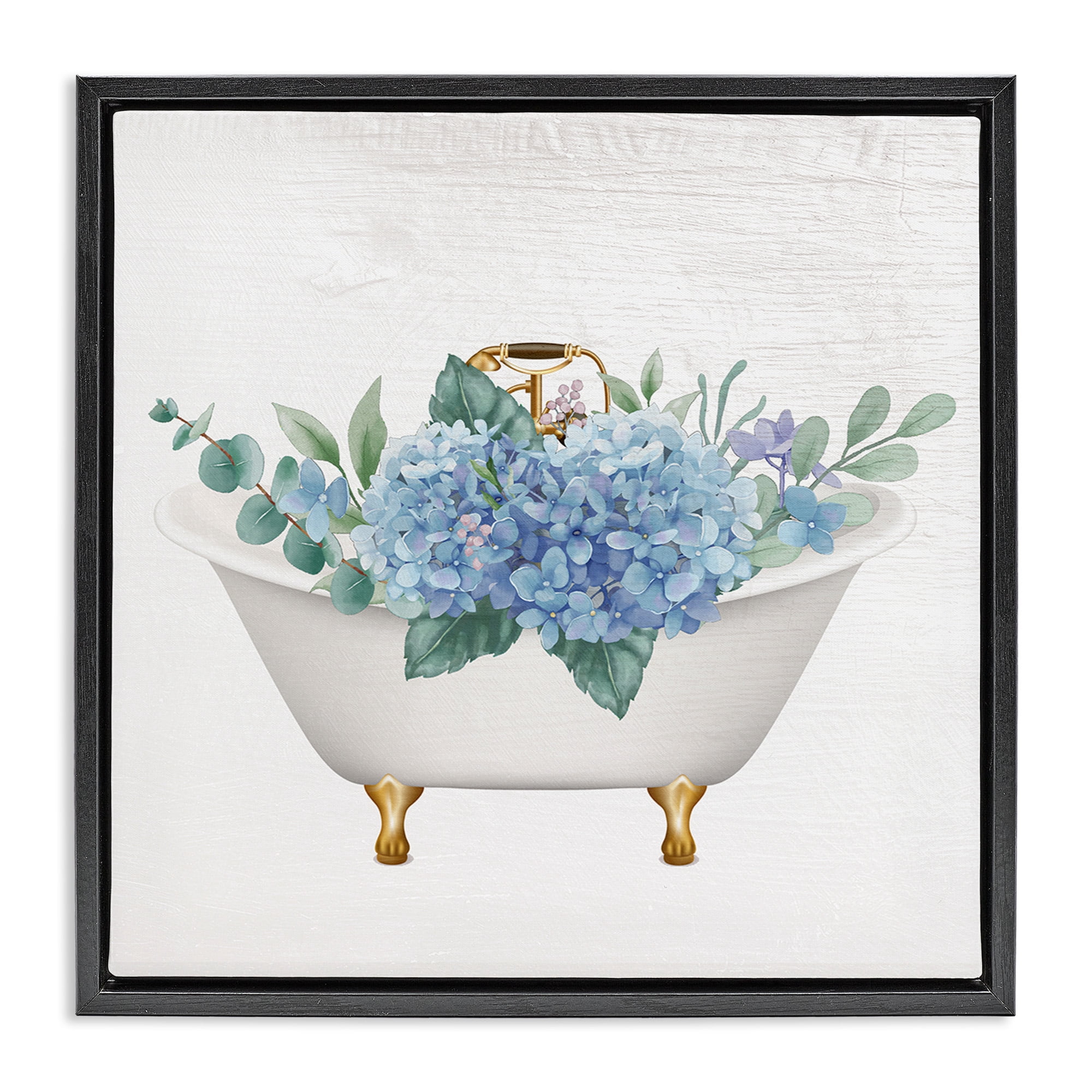 Stupell Industries Chic Bathtub with Hydrangea Blossoms Botanical & Floral Painting Black Floater Framed Canvas Art Print Wall Art, 25 x 25
