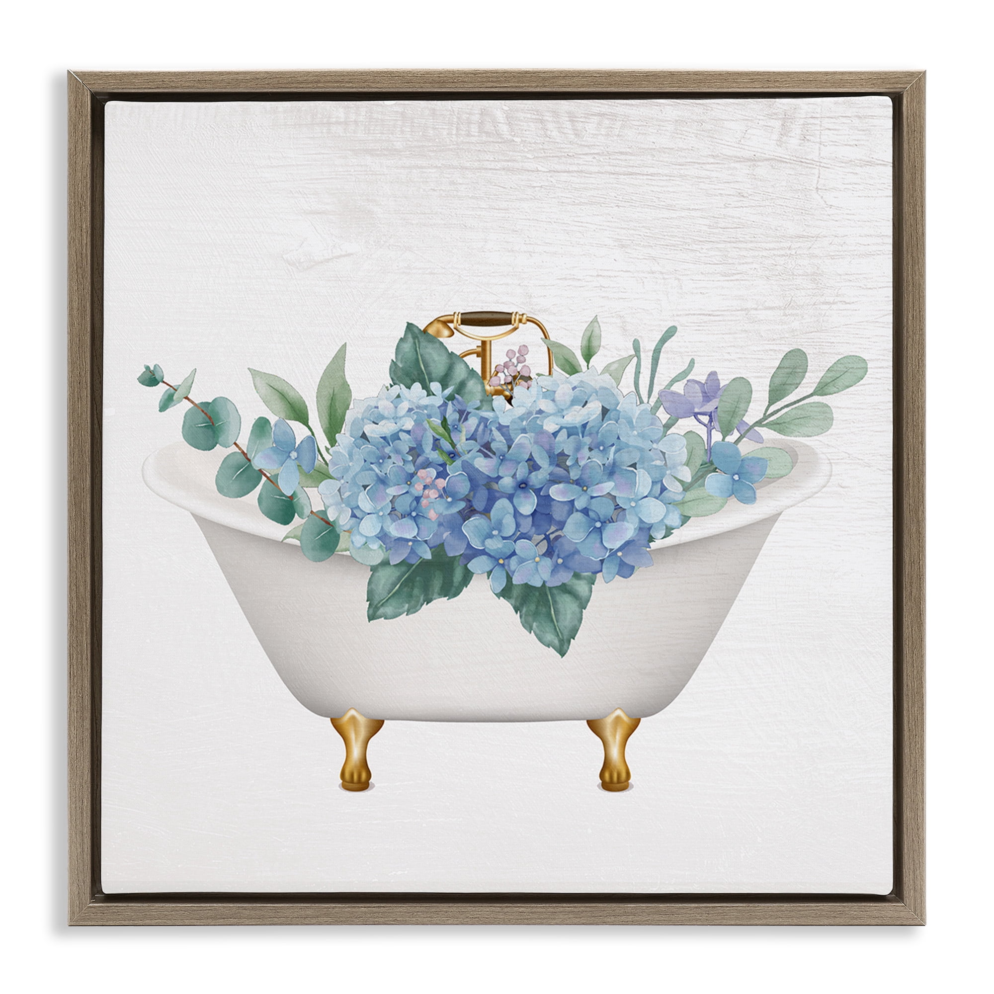 Stupell Industries Chic Bathtub with Hydrangea Blossoms Botanical & Floral Painting Brown Floater Framed Canvas Art Print Wall Art, 18 x 18