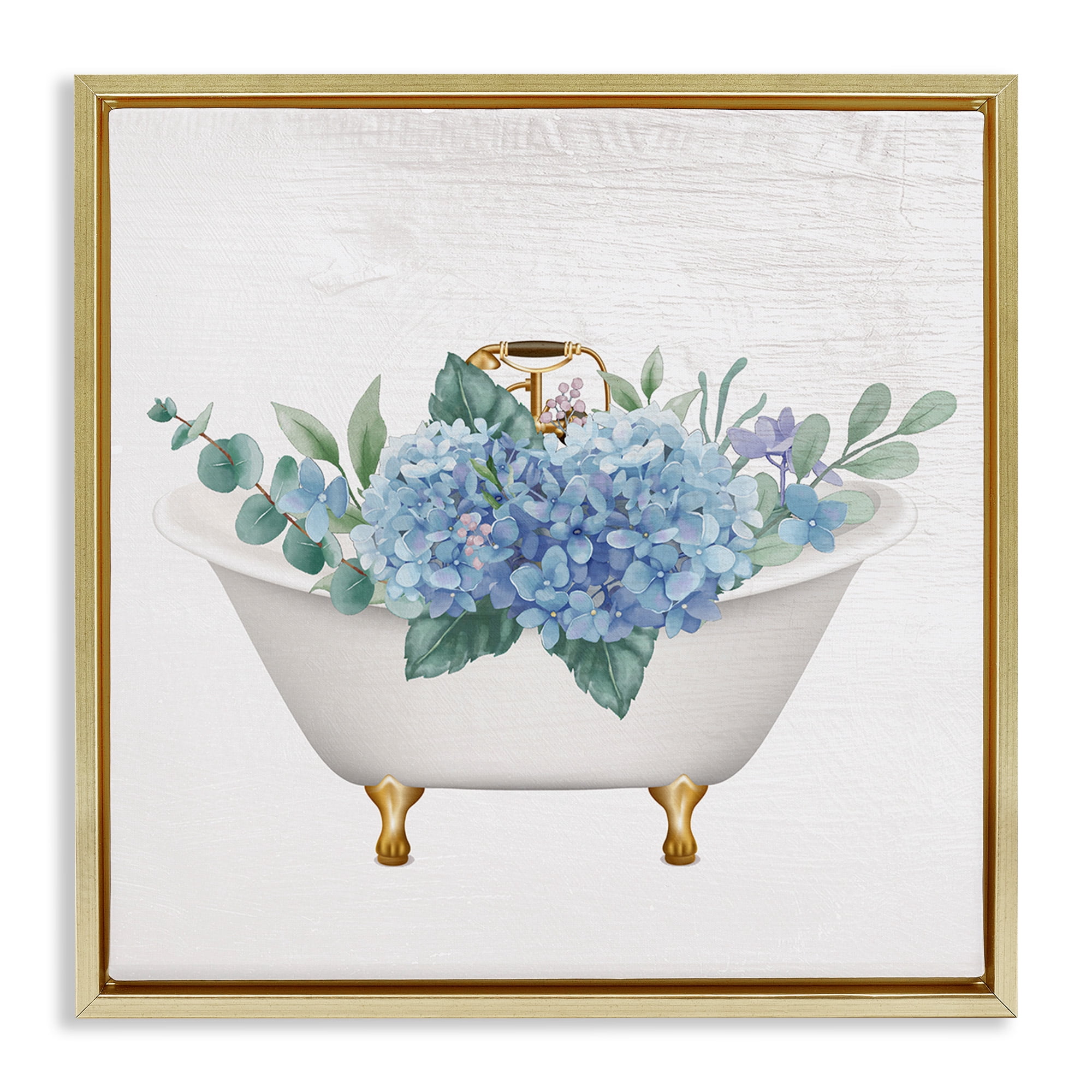 Stupell Industries Chic Bathtub with Hydrangea Blossoms Botanical & Floral Painting Gold Floater Framed Canvas Art Print Wall Art, 25 x 25