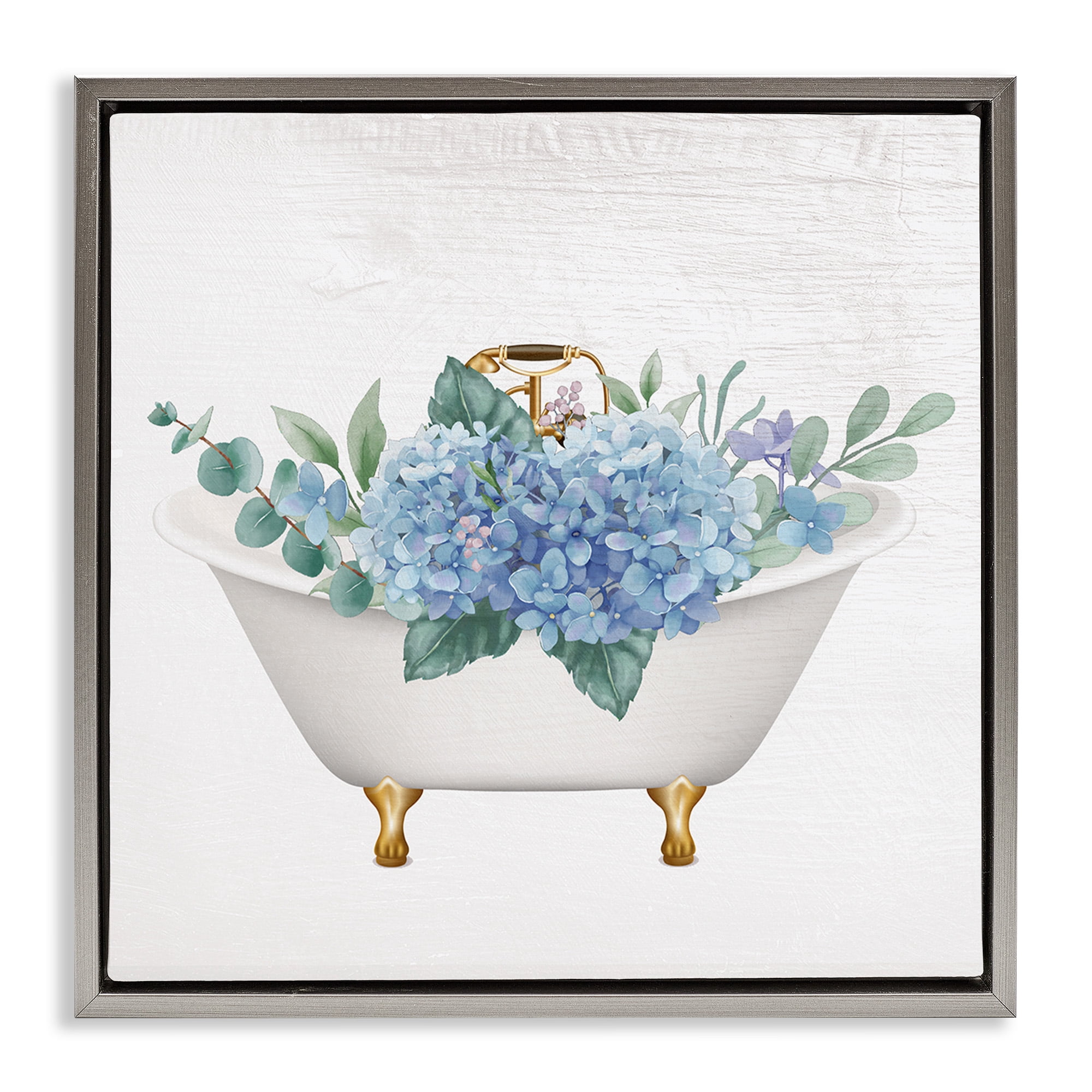 Stupell Industries Chic Bathtub with Hydrangea Blossoms Botanical & Floral Painting Gray Floater Framed Canvas Art Print Wall Art, 18 x 18