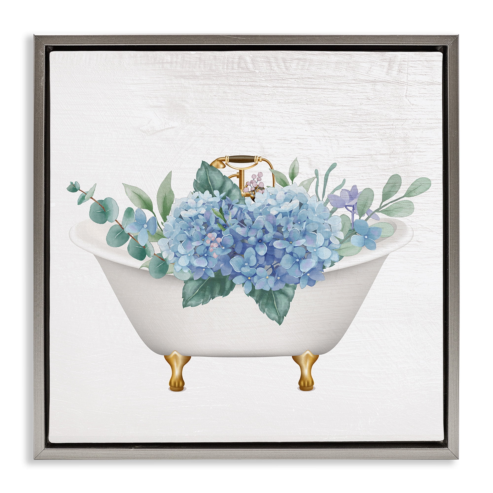 Stupell Industries Chic Bathtub with Hydrangea Blossoms Botanical & Floral Painting Gray Floater Framed Canvas Art Print Wall Art, 25 x 25