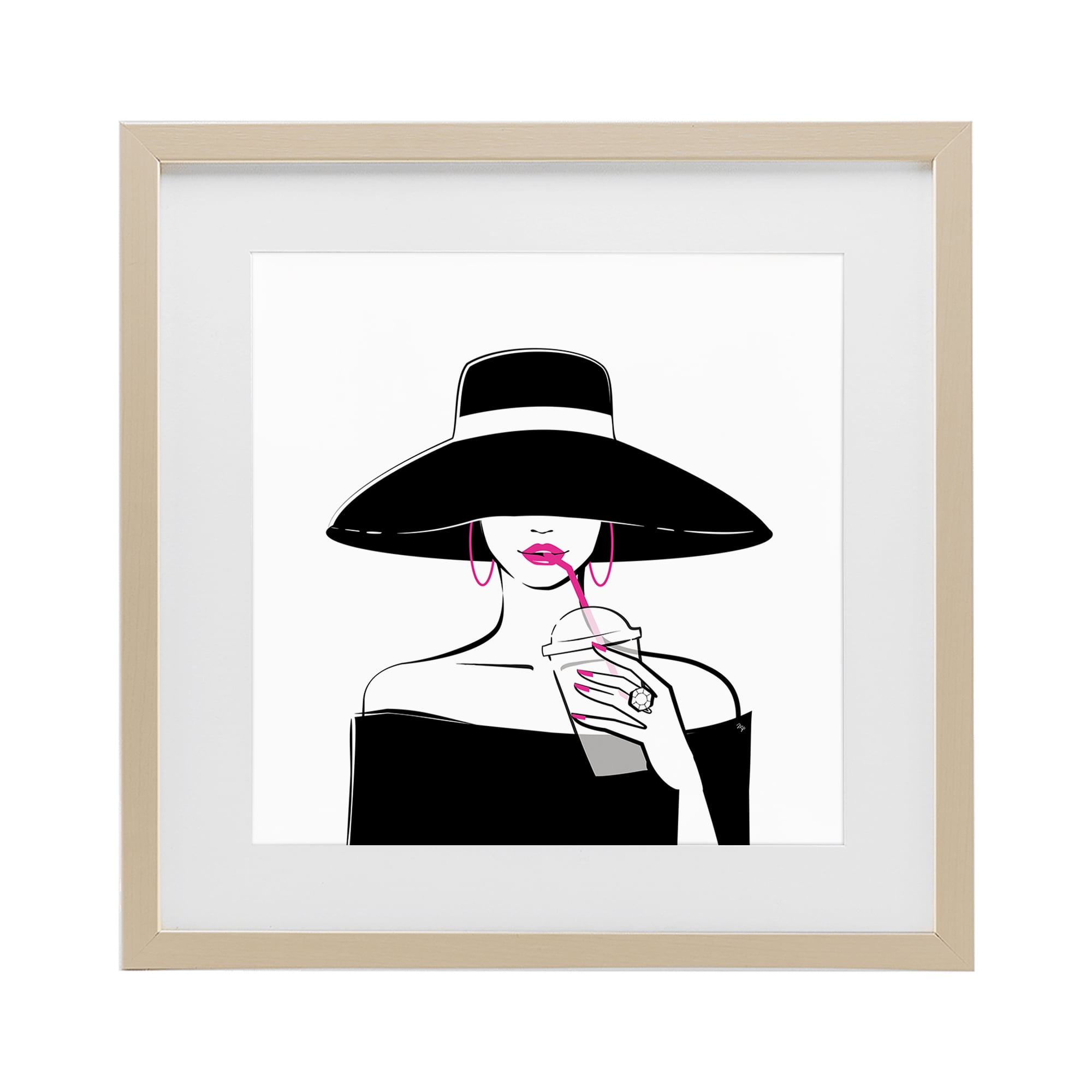 Stupell Industries Chic Black Hat Sipping Coffee Birch Framed Print Under Glass, design by Martina Pavlova